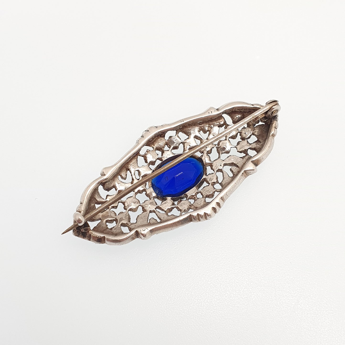 Antique Victorian Sterling Silver Sapphire Paste Brooch Diamond Pastes Art Noueavu Ornate Scroll Sparkly Vintage Womens Jewelry Jewellery