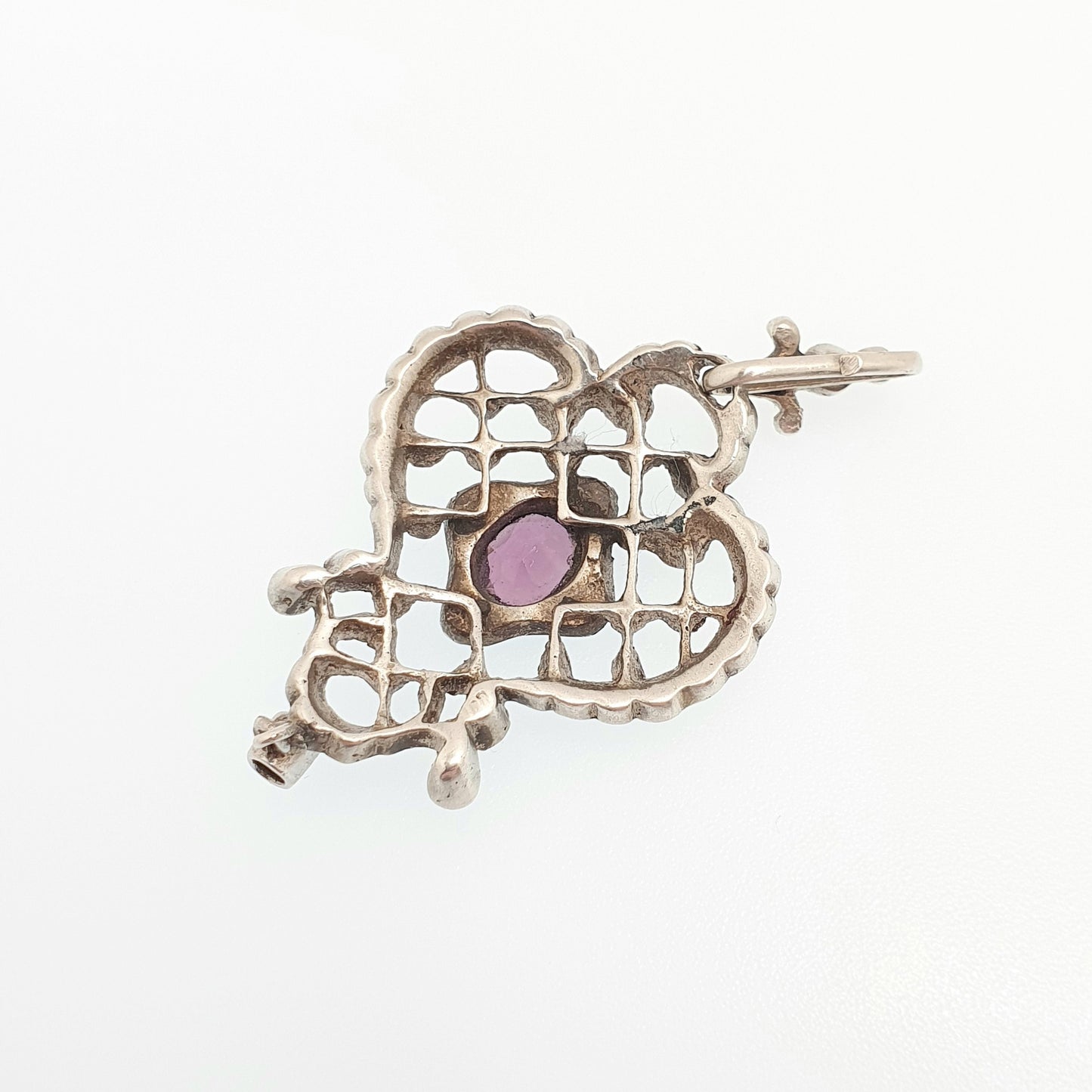 Antique Solid Silver Amethyst & Diamond Paste Pendant Necklace Foiled Pastes Cluster Edwardian Rare Vintage Womens Jewellery Jewelry