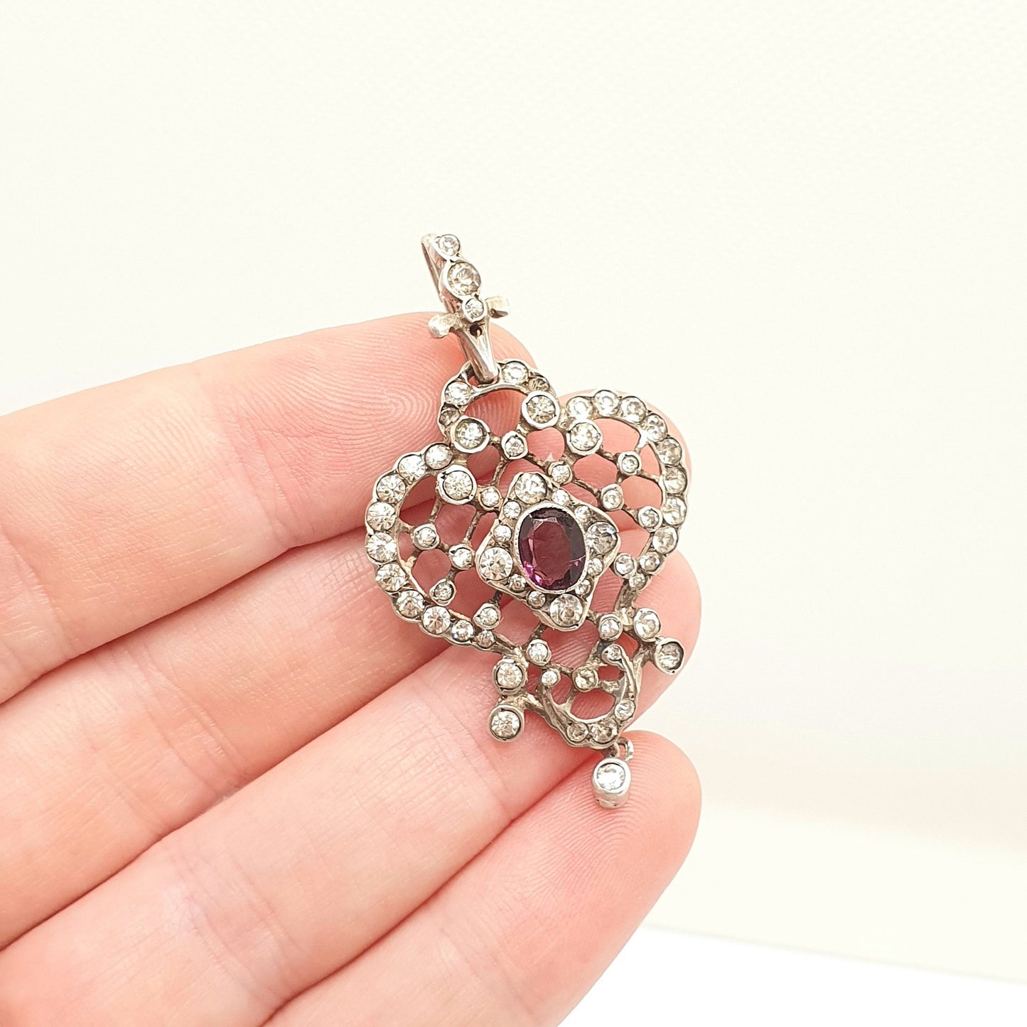 Antique Solid Silver Amethyst & Diamond Paste Pendant Necklace Foiled Pastes Cluster Edwardian Rare Vintage Womens Jewellery Jewelry