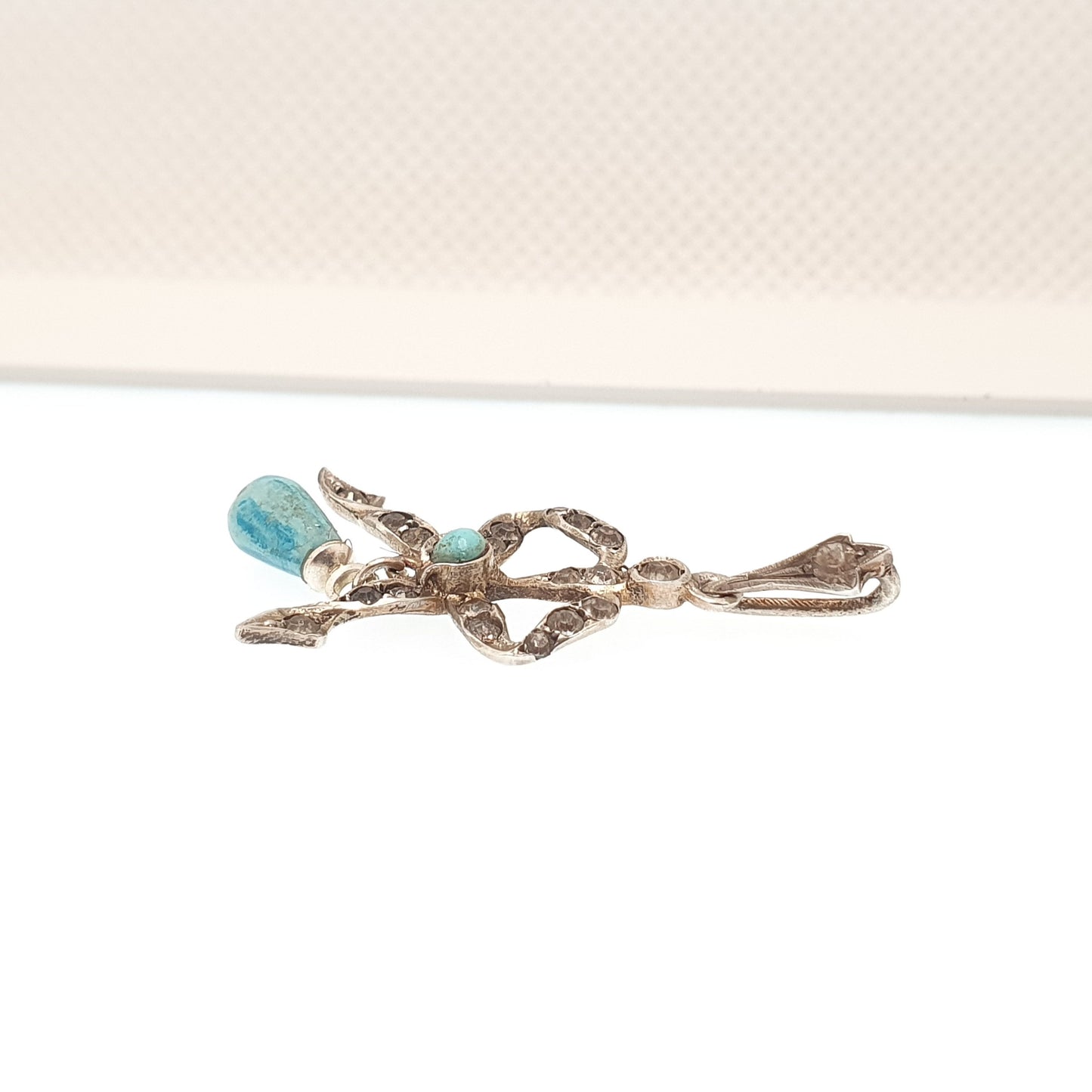 Antique Solid Silver Diamond Paste Bow Pendant Faux Turquoise Victorian Necklace 1800s Sweet Cute Quaint Womens Jewelry Jewellery Vintage