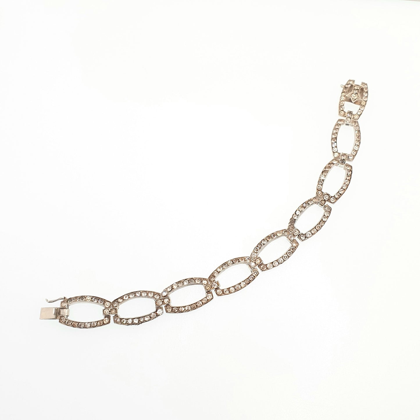 Antique Solid Silver Diamond Paste Bracelet Rectangular Links Genuine 1920s Vintage Art Deco Fancy Sparkly Cocktail Womens Jewelry Jewellery