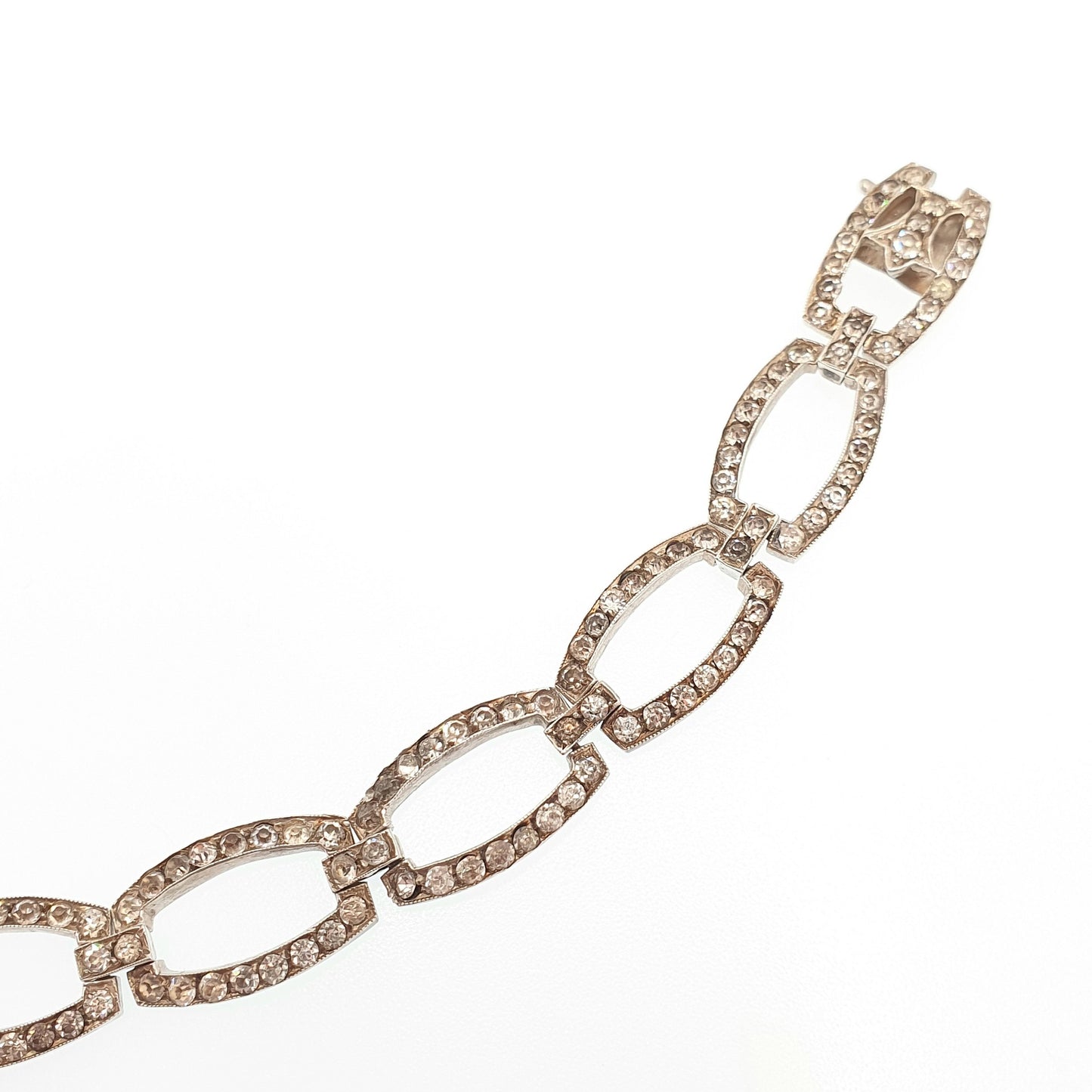Antique Solid Silver Diamond Paste Bracelet Rectangular Links Genuine 1920s Vintage Art Deco Fancy Sparkly Cocktail Womens Jewelry Jewellery