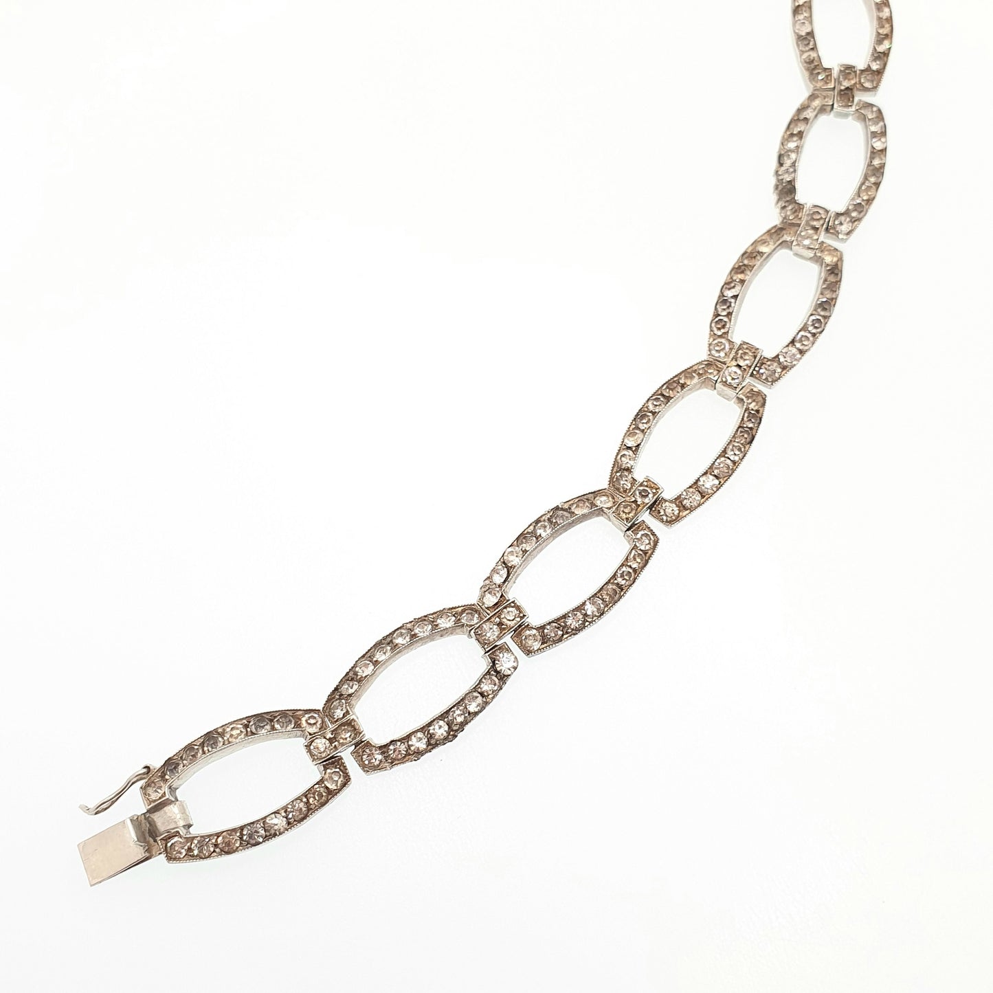 Antique Solid Silver Diamond Paste Bracelet Rectangular Links Genuine 1920s Vintage Art Deco Fancy Sparkly Cocktail Womens Jewelry Jewellery