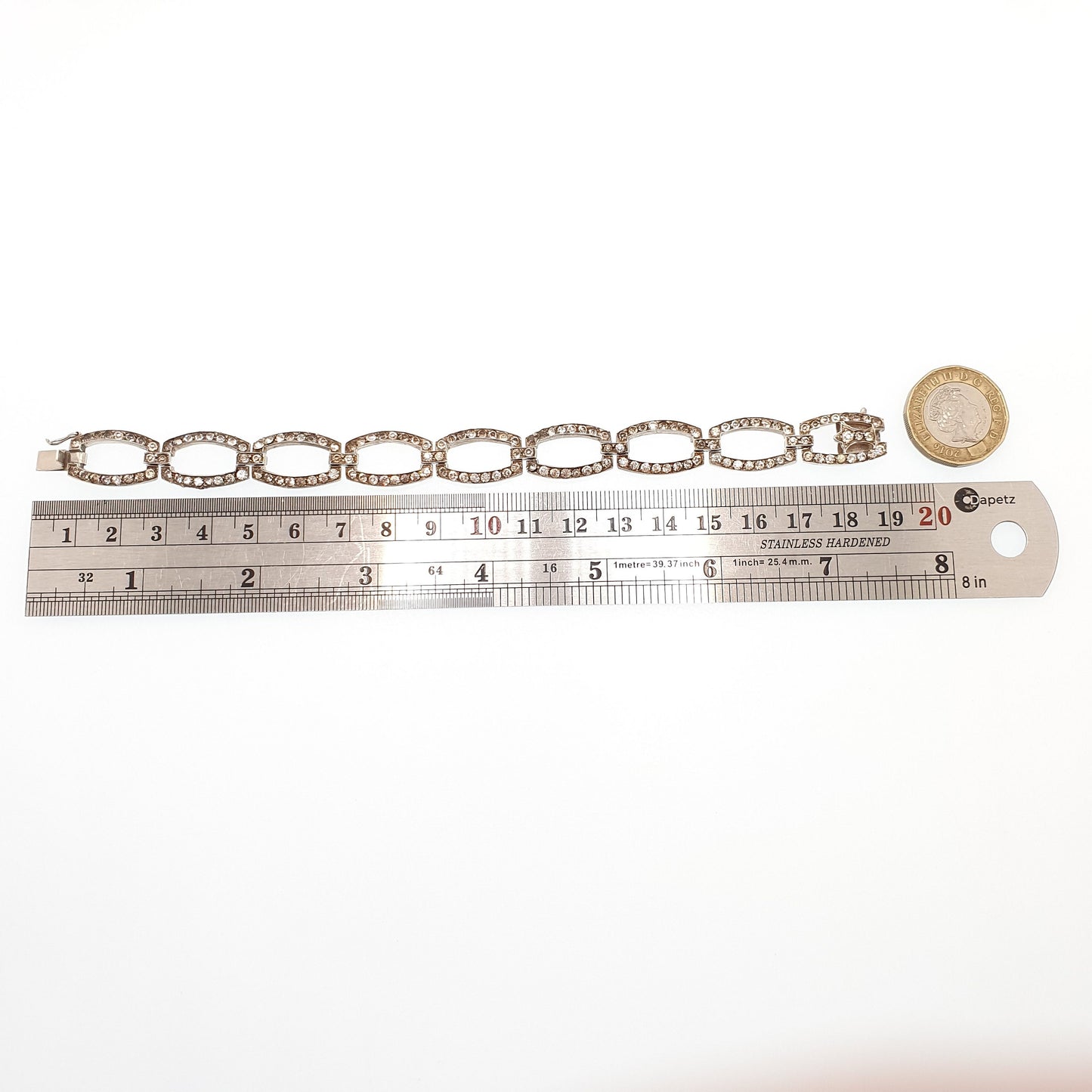 Antique Solid Silver Diamond Paste Bracelet Rectangular Links Genuine 1920s Vintage Art Deco Fancy Sparkly Cocktail Womens Jewelry Jewellery