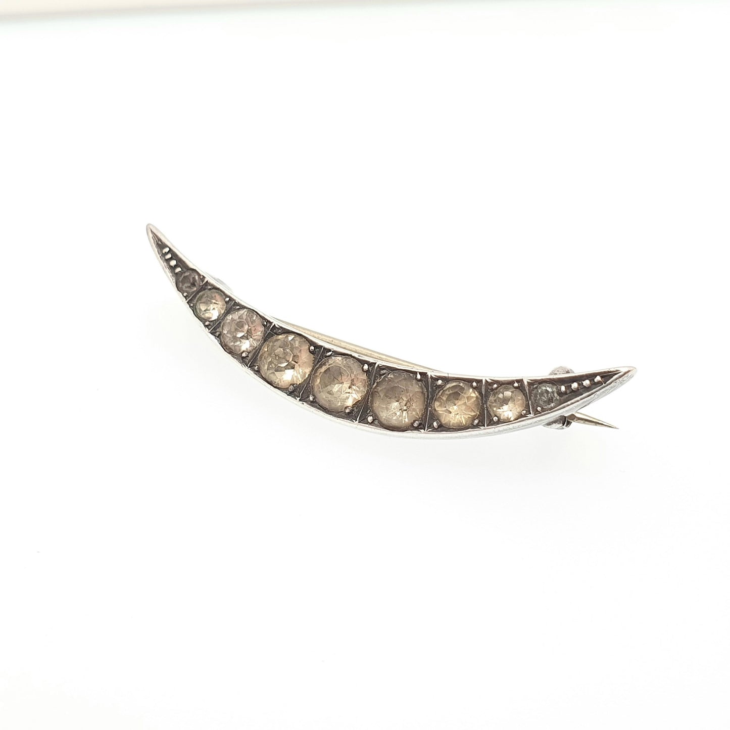 Antique Crescent Moon Sterling Silver Brooch Diamond Paste 1909 Hallmarked Fine Estate Vintage Edwardian Solid Womens Jewelry Jewellery