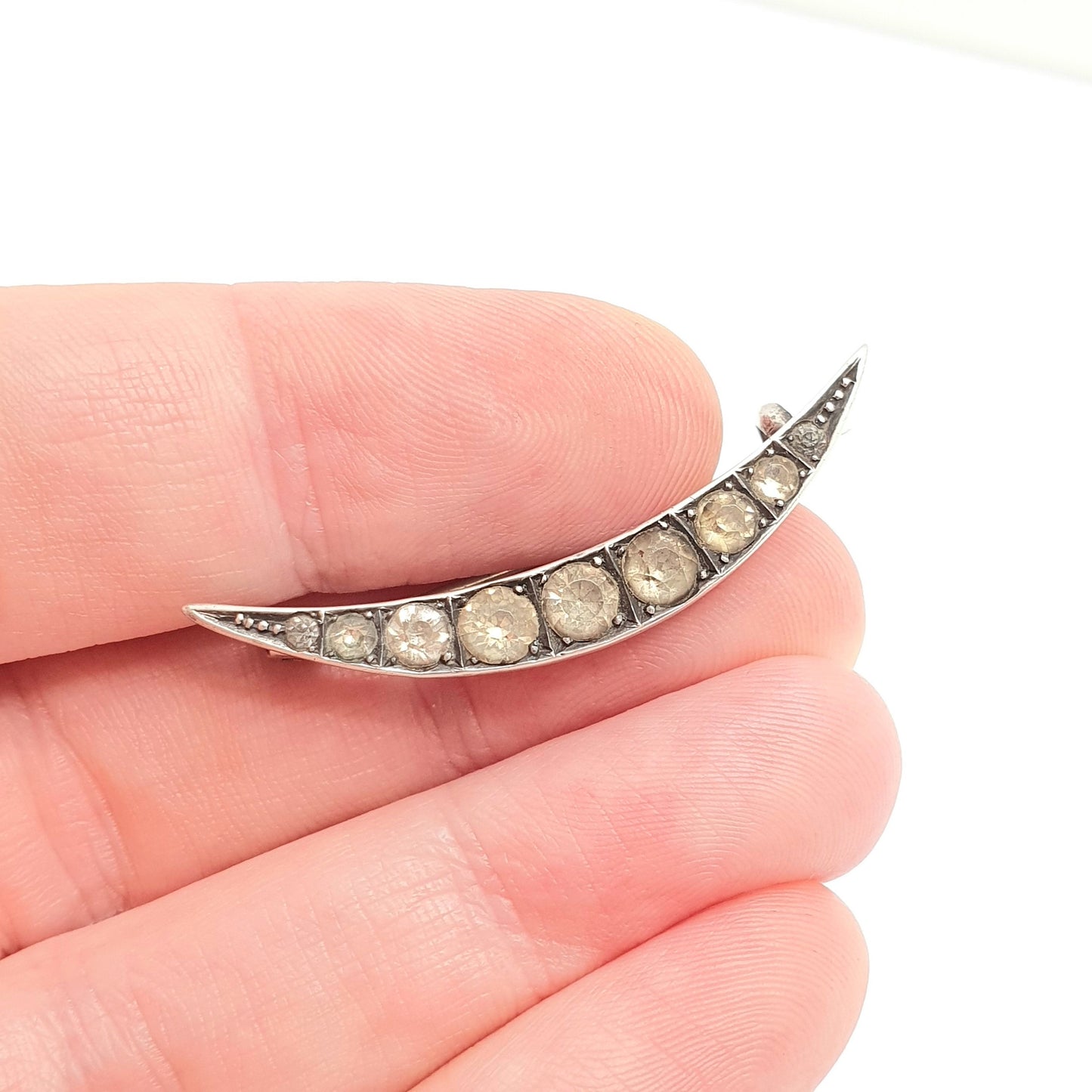 Antique Crescent Moon Sterling Silver Brooch Diamond Paste 1909 Hallmarked Fine Estate Vintage Edwardian Solid Womens Jewelry Jewellery