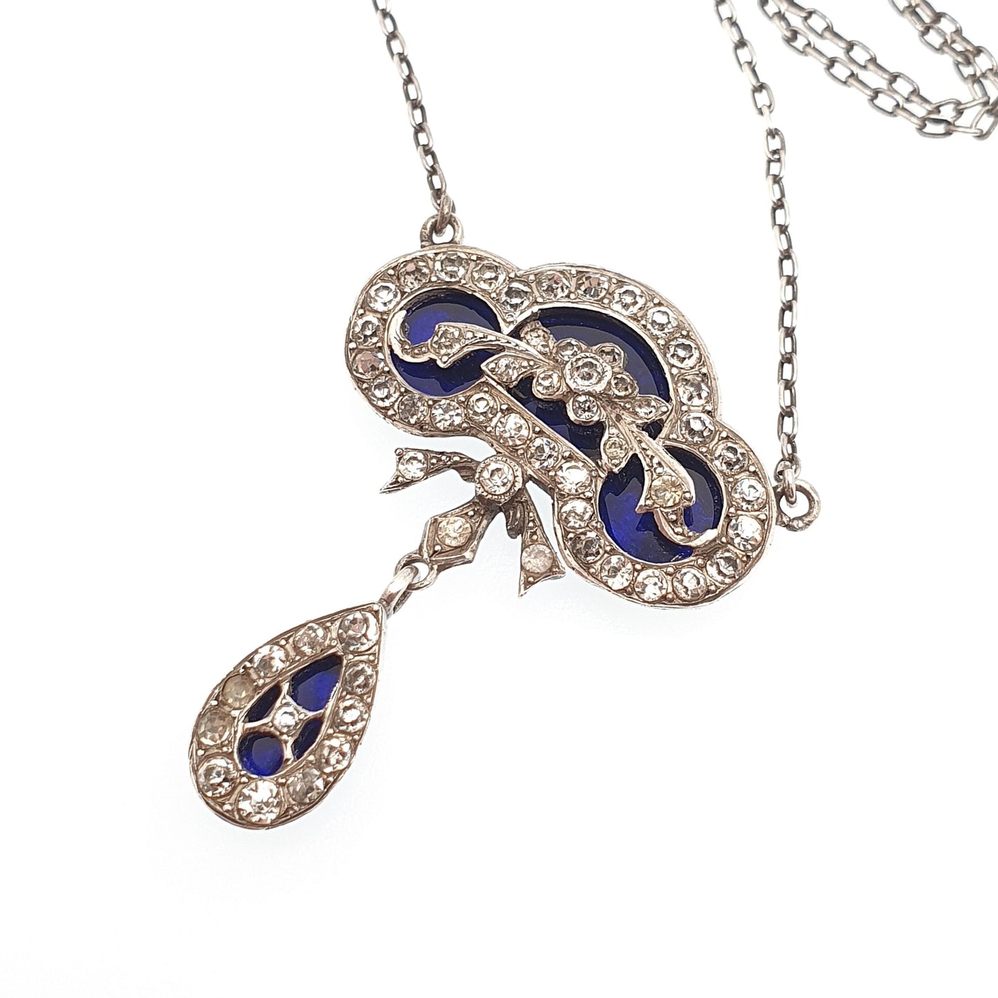 Antique Victorian Solid Silver Bristol Blue Glass Necklace Diamond Paste Pastes Glass Georgian Revival Genuine Vintage Jewelry Jewellery