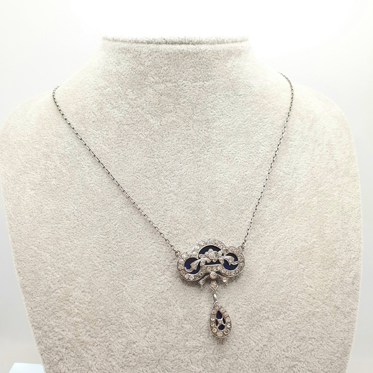 Antique Victorian Solid Silver Bristol Blue Glass Necklace Diamond Paste Pastes Glass Georgian Revival Genuine Vintage Jewelry Jewellery