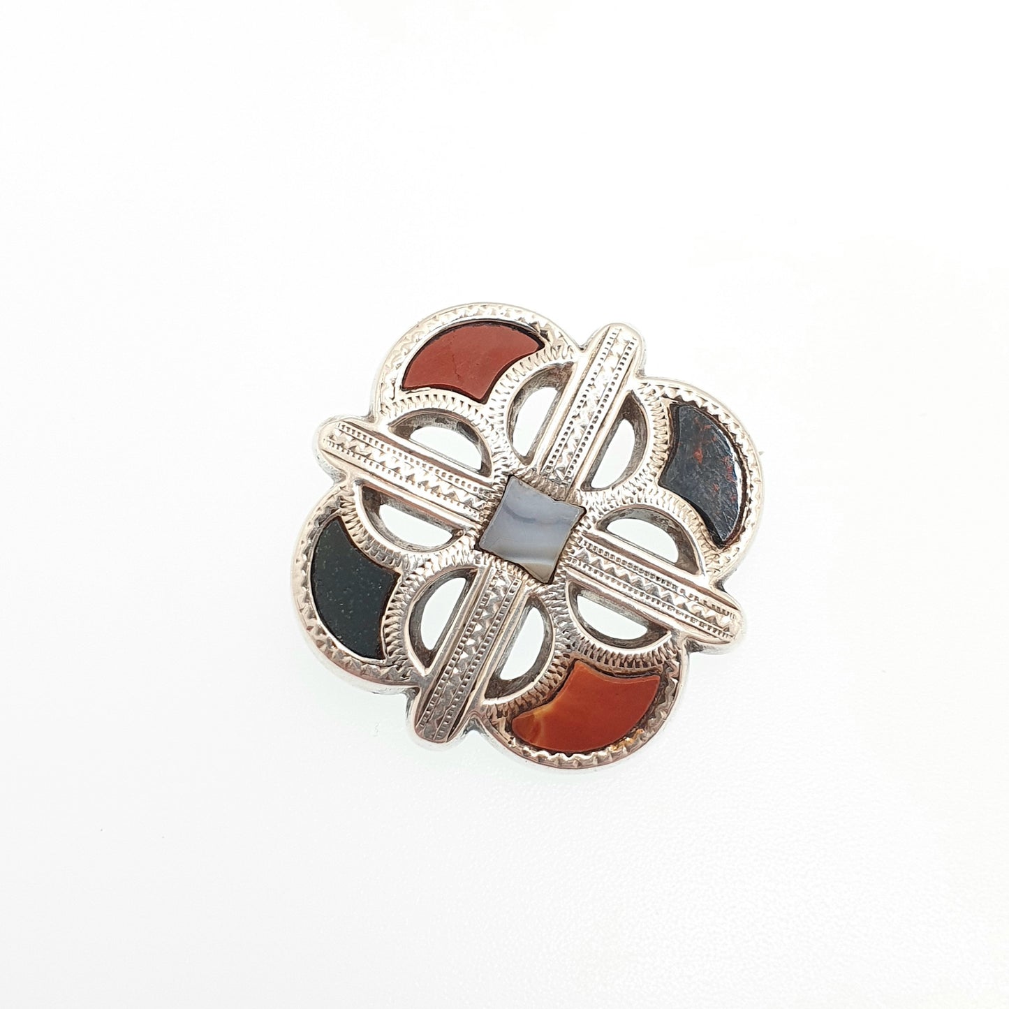 Antique Scottish Bloodstone Sterling Silver Brooch Victorian Jasper Lace Agate Cruciform Cross Solid Vintage Celtic Womens Jewelry Jewellery