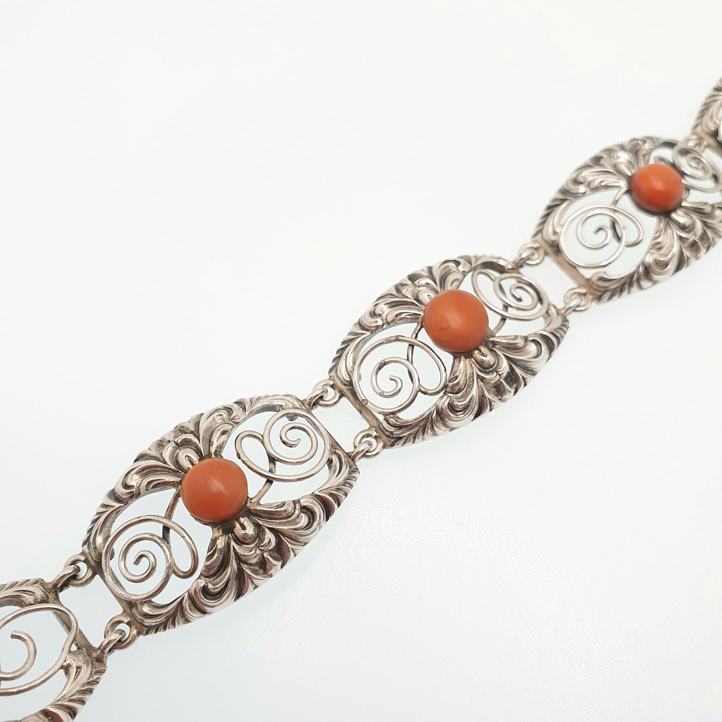 Antique Solid Silver Coral Bracelet Arts & Crafts Victorian 1800s Vintage Genuine Real Red Orange Fine Estate Womens Jewelry Jewellery