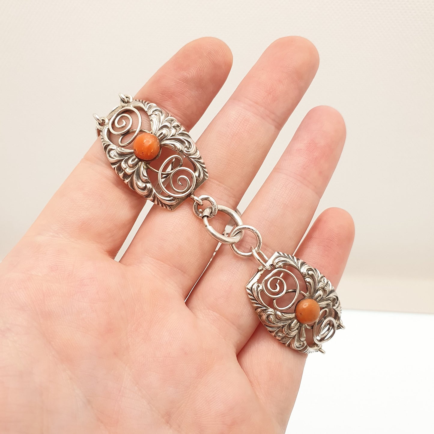 Antique Solid Silver Coral Bracelet Arts & Crafts Victorian 1800s Vintage Genuine Real Red Orange Fine Estate Womens Jewelry Jewellery