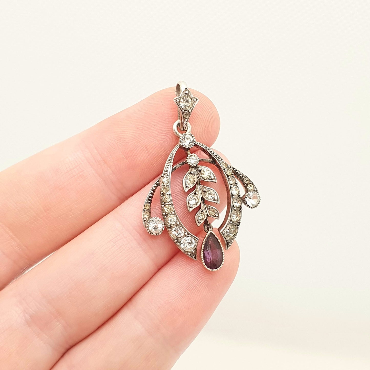 Antique Sterling Silver Amethyst Paste Pendant Edwardian Diamond Pastes Necklace Foiled Cluster Fine Estate Rare Vintage Jewellery Jewelry
