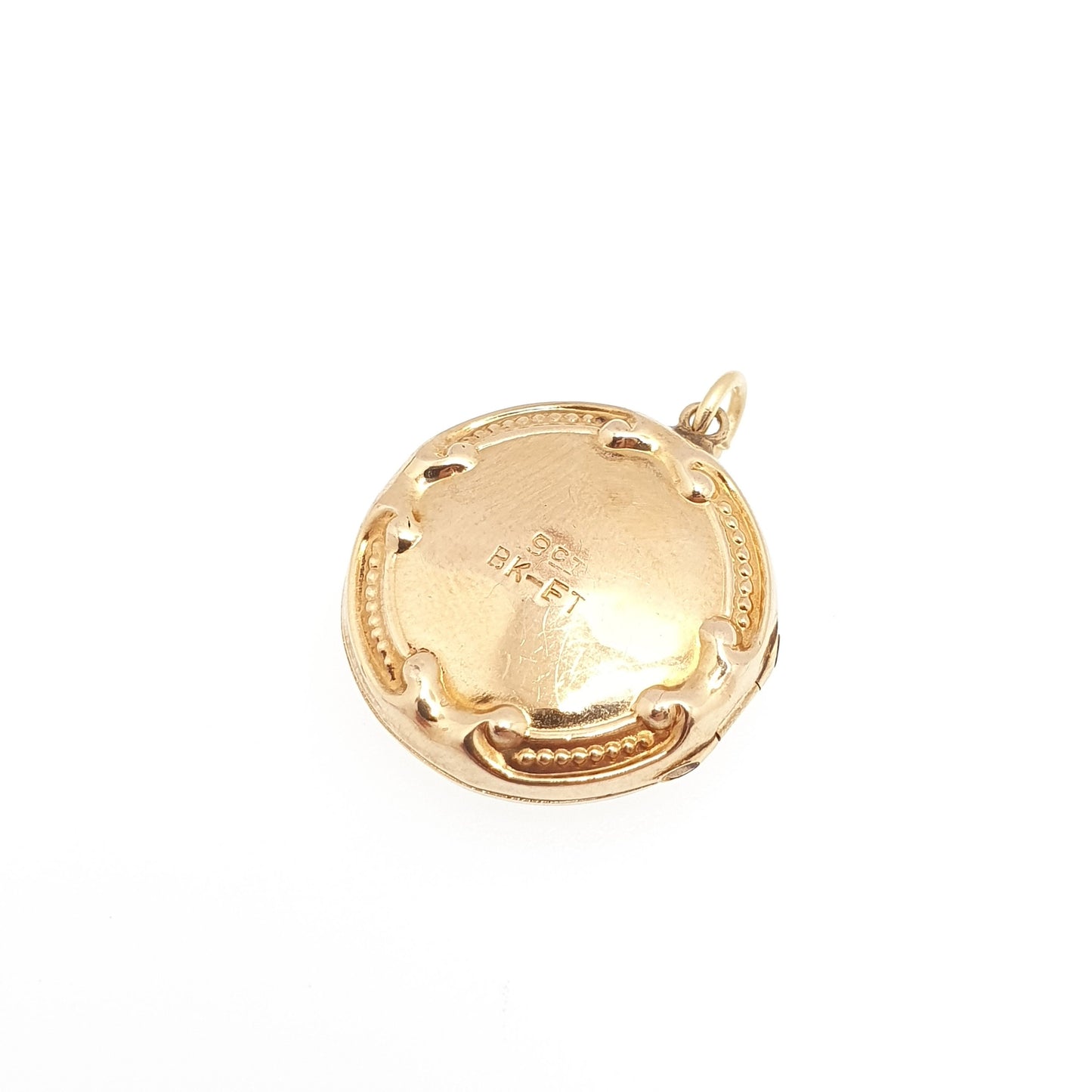 Antique 9ct 9k Gold Locket Pendant Hand Scroll Engraved Chased Border Yellow Solid 375 Back & Front Picture Photo Vintage Necklace Jewelry