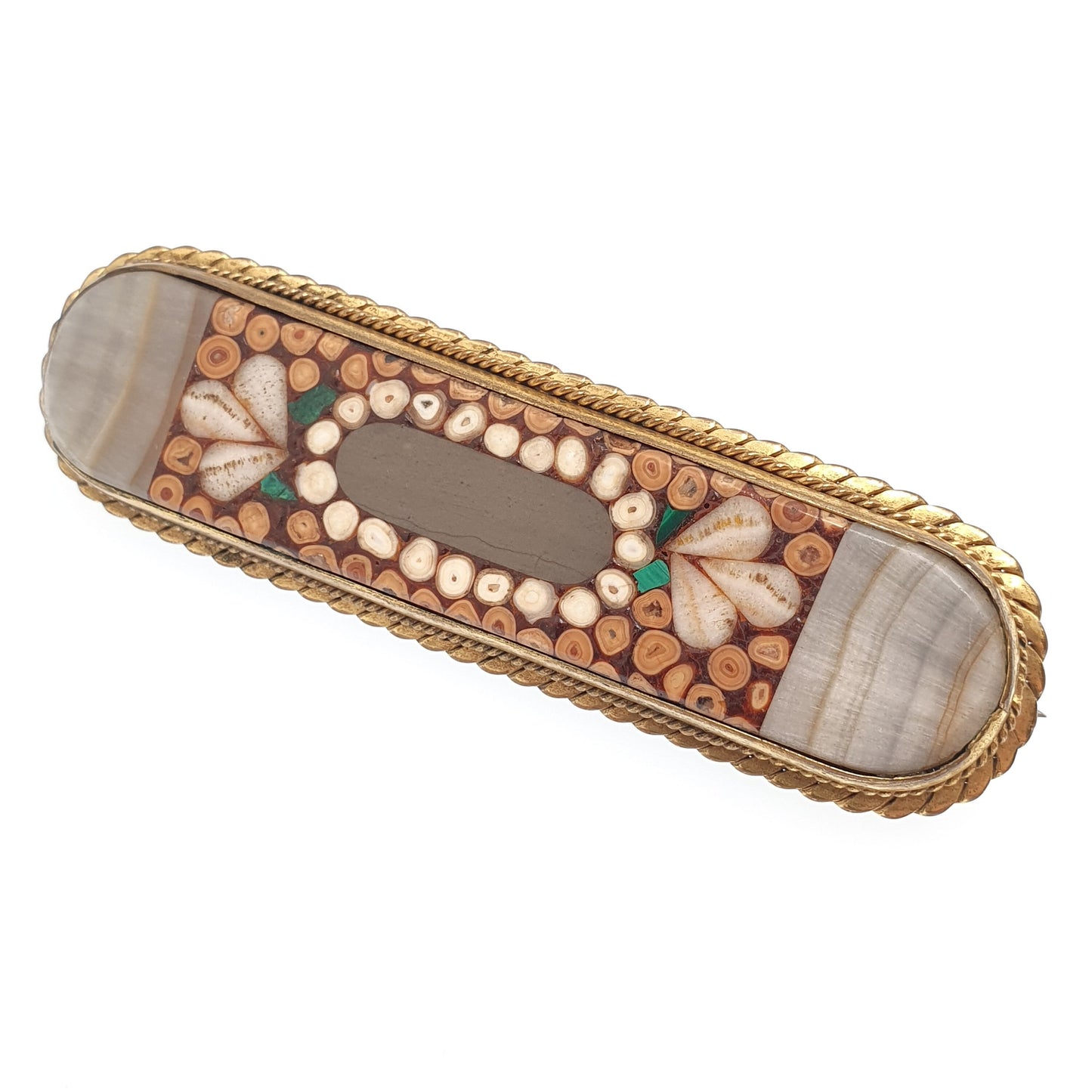 Antique Victorian Fossil Brooch Pin Various Hardstone Micro Mosaic Agate Malachite Gold Gilt Curios Unusual Unique Jewelry Jewellery Vintage