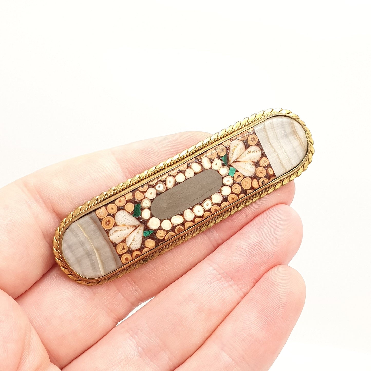 Antique Victorian Fossil Brooch Pin Various Hardstone Micro Mosaic Agate Malachite Gold Gilt Curios Unusual Unique Jewelry Jewellery Vintage