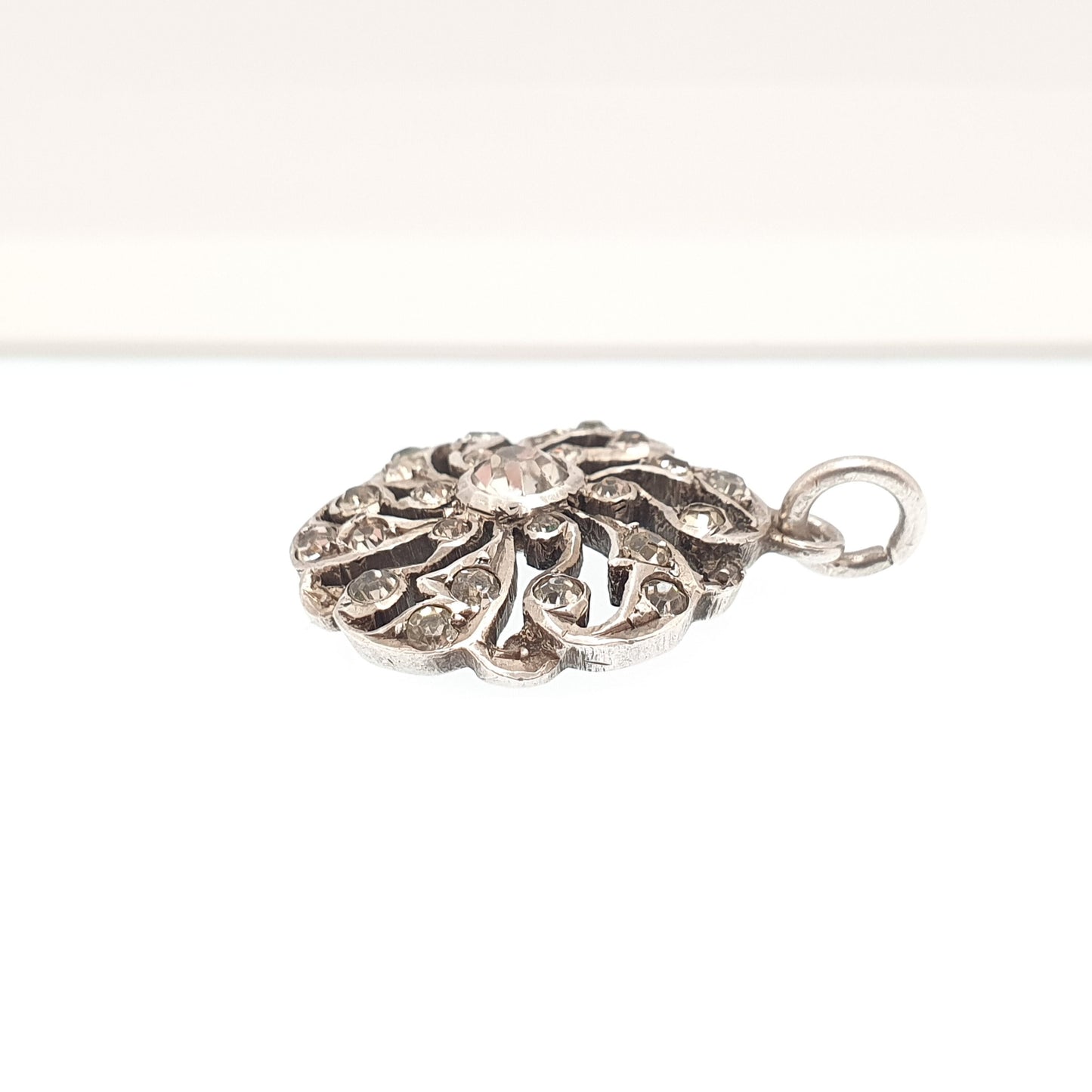 Antique Victorian Solid Silver Diamond Paste Necklace Pendant Art Nouveau Spiral Swirl Sparkly Foiled Vintage Womens Jewellery Jewelry