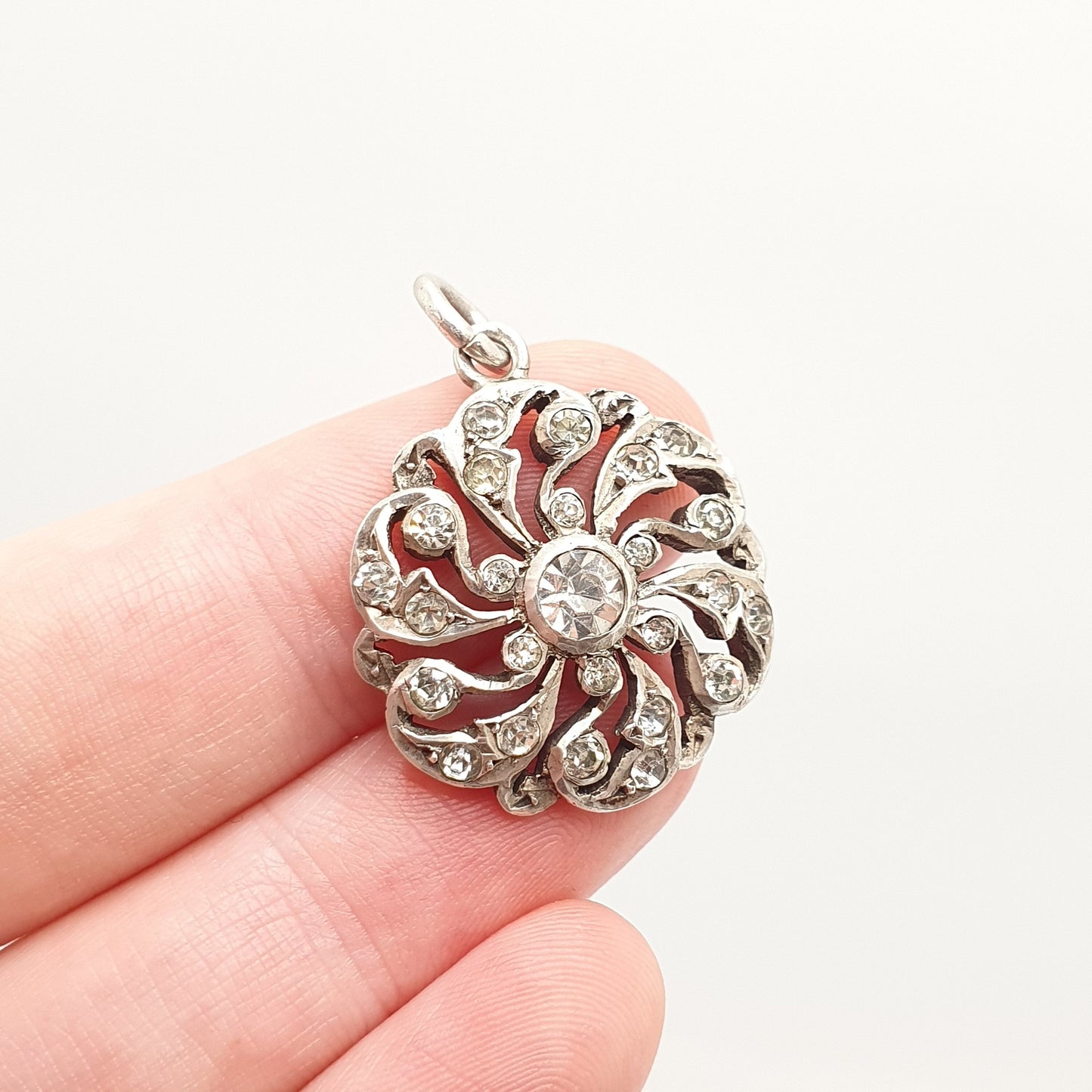 Antique Victorian Solid Silver Diamond Paste Necklace Pendant Art Nouveau Spiral Swirl Sparkly Foiled Vintage Womens Jewellery Jewelry