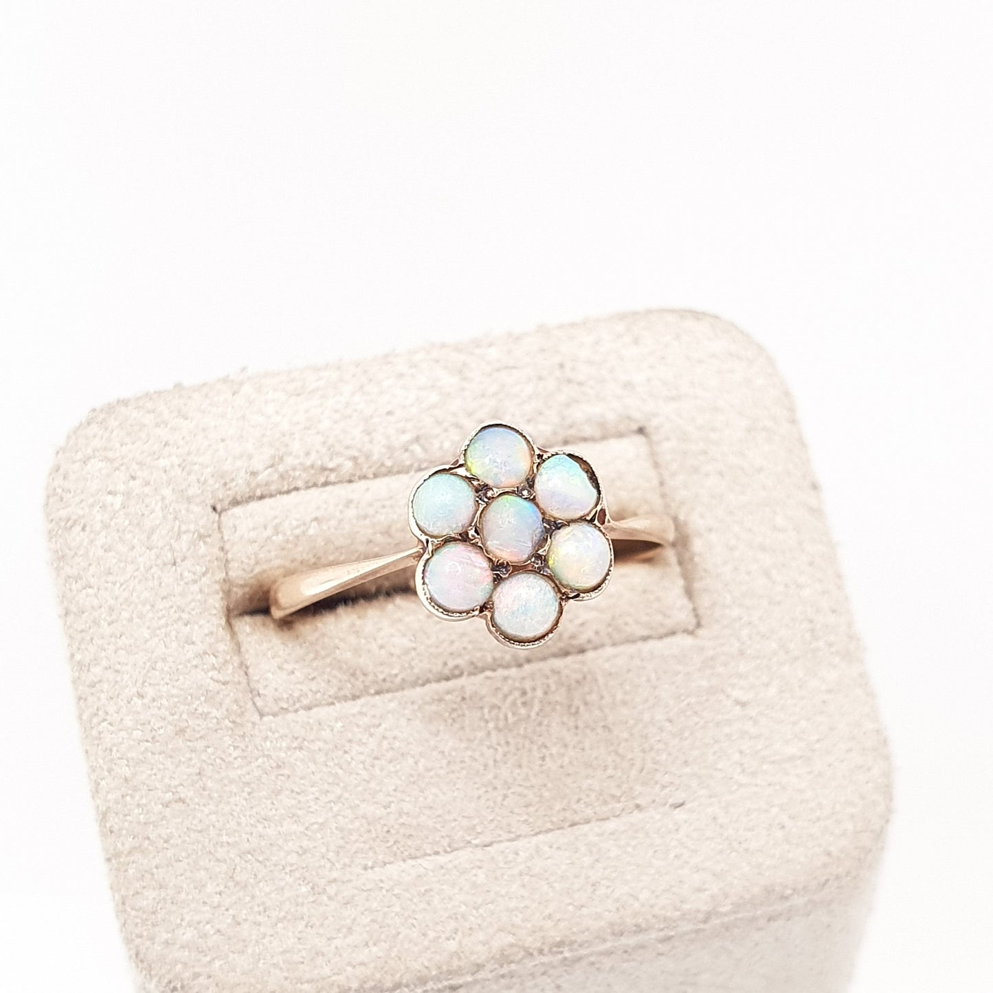 Antique 9ct 9kt Gold Opal Ring Cluster Halo Solid 375 Vintage Blue Fire Genuine Gemstone Domed Rare Fine Estate Jewelry Jewellery Womens