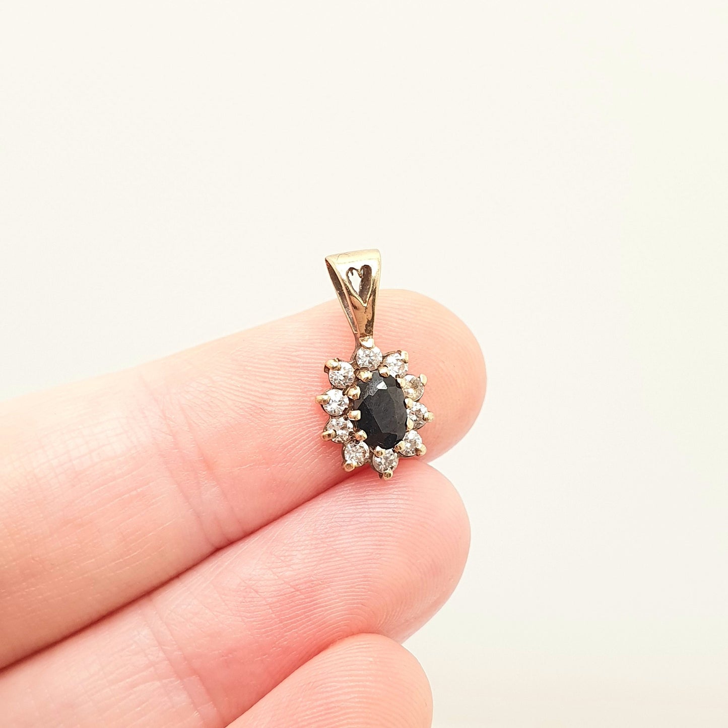 Vintage 9ct Gold Sapphire Pendant CZ Cluster Solid 375 9k Real Gemstone Marquise Necklace Halo Fine Retro Ladies Womens Jewelry Jewellery