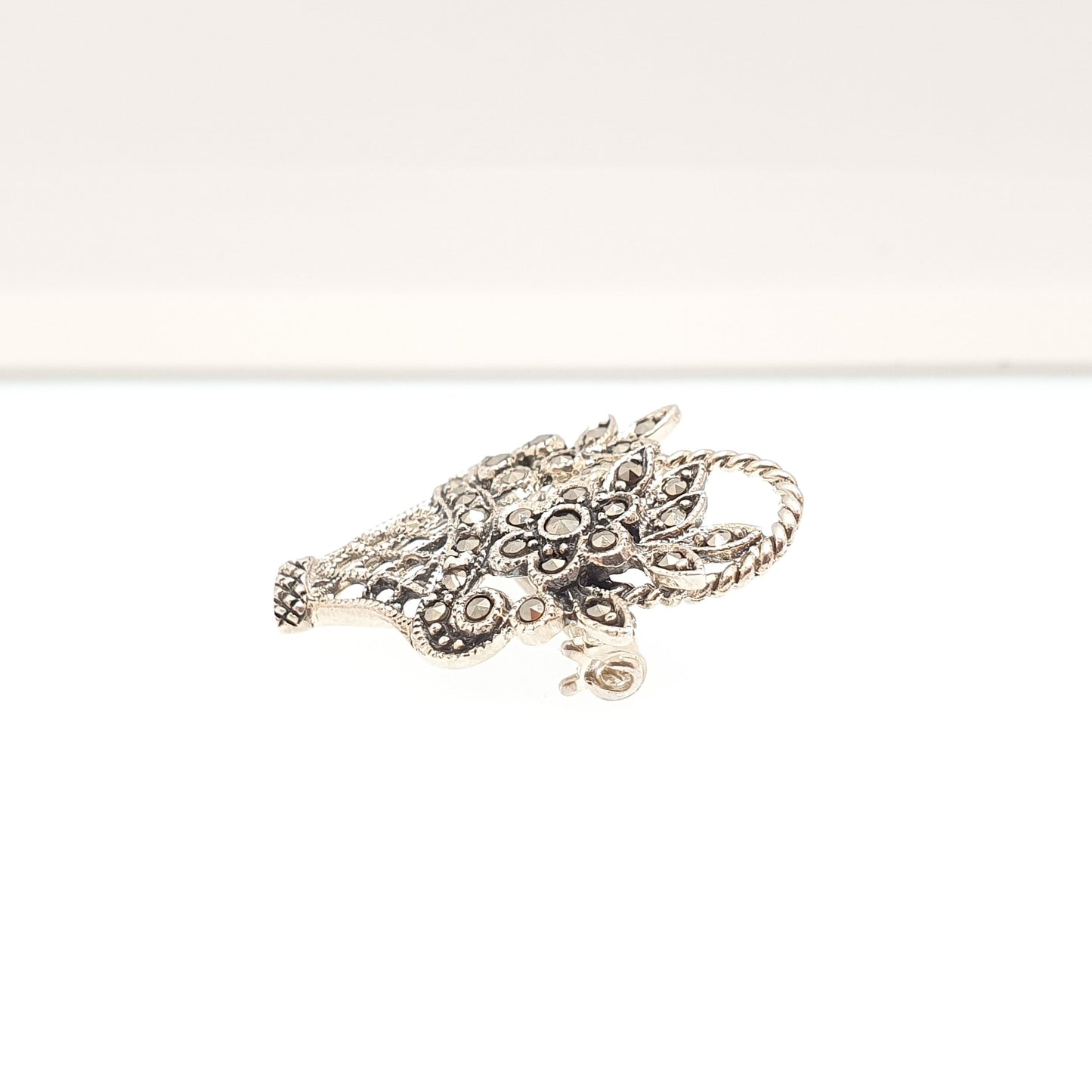 Vintage Sterling Silver Flower Basket Brooch Pin Giardinetti Marcasite Art Deco Style Garden Sweet Solid 925 Womens Jewelry Jewellery