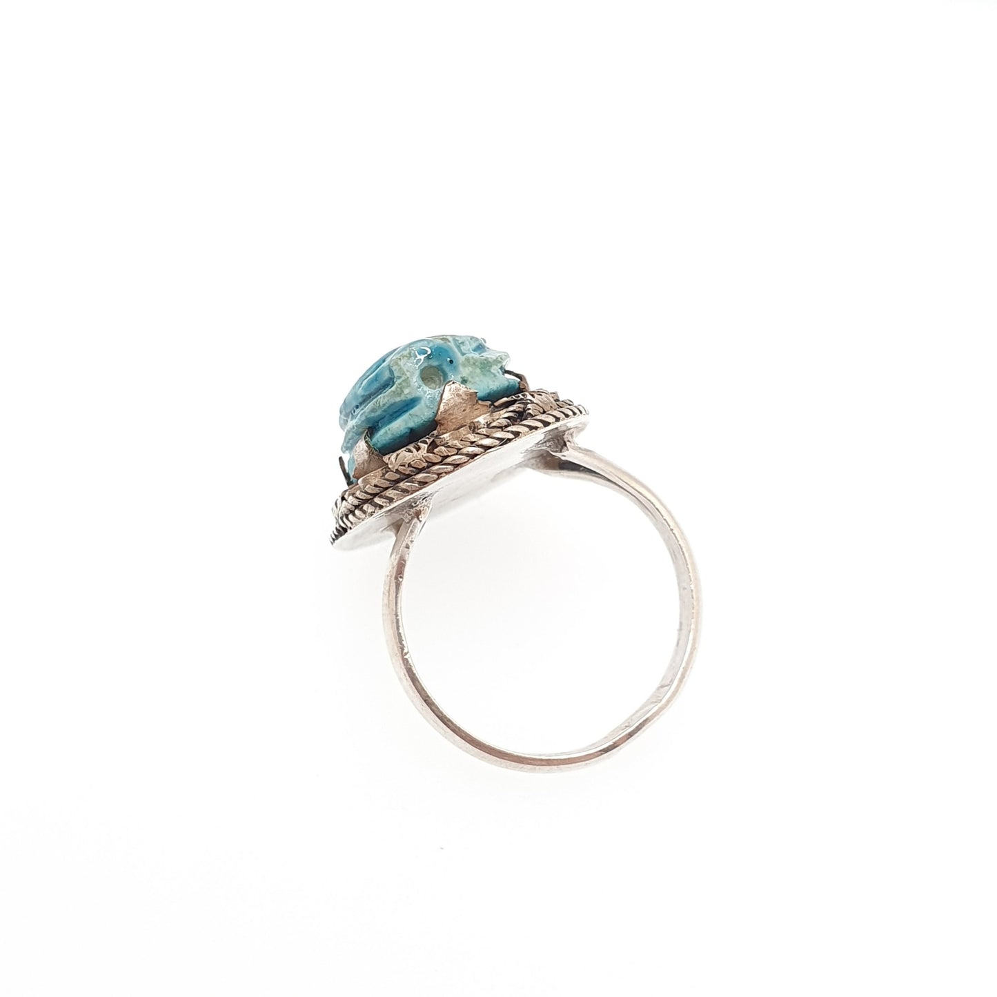 Vintage Solid Silver Scarab Beetle Ring Egyptian Faience Art Deco Revival Large Big Egypt Insect Animal Bug Womens Ladies Jewelry Jewellery