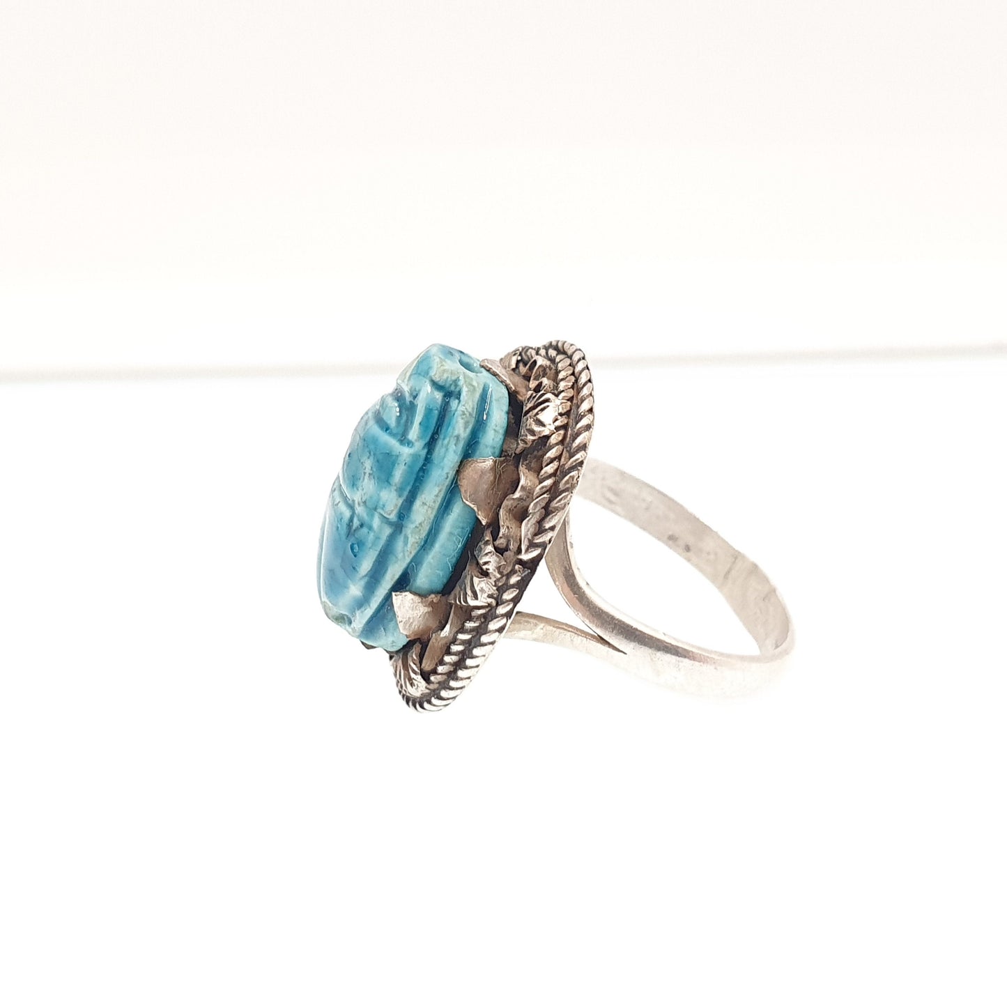 Vintage Solid Silver Scarab Beetle Ring Egyptian Faience Art Deco Revival Large Big Egypt Insect Animal Bug Womens Ladies Jewelry Jewellery