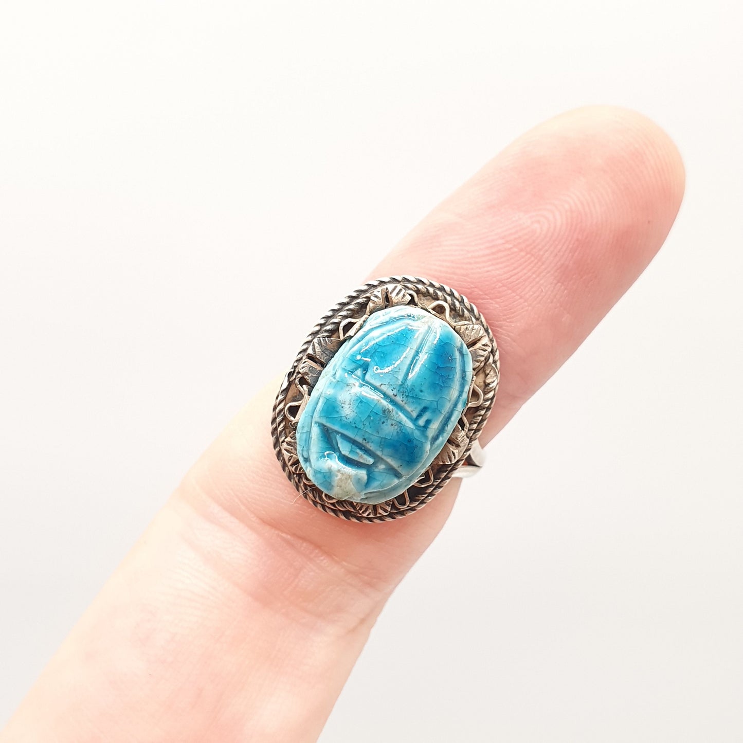 Vintage Solid Silver Scarab Beetle Ring Egyptian Faience Art Deco Revival Large Big Egypt Insect Animal Bug Womens Ladies Jewelry Jewellery