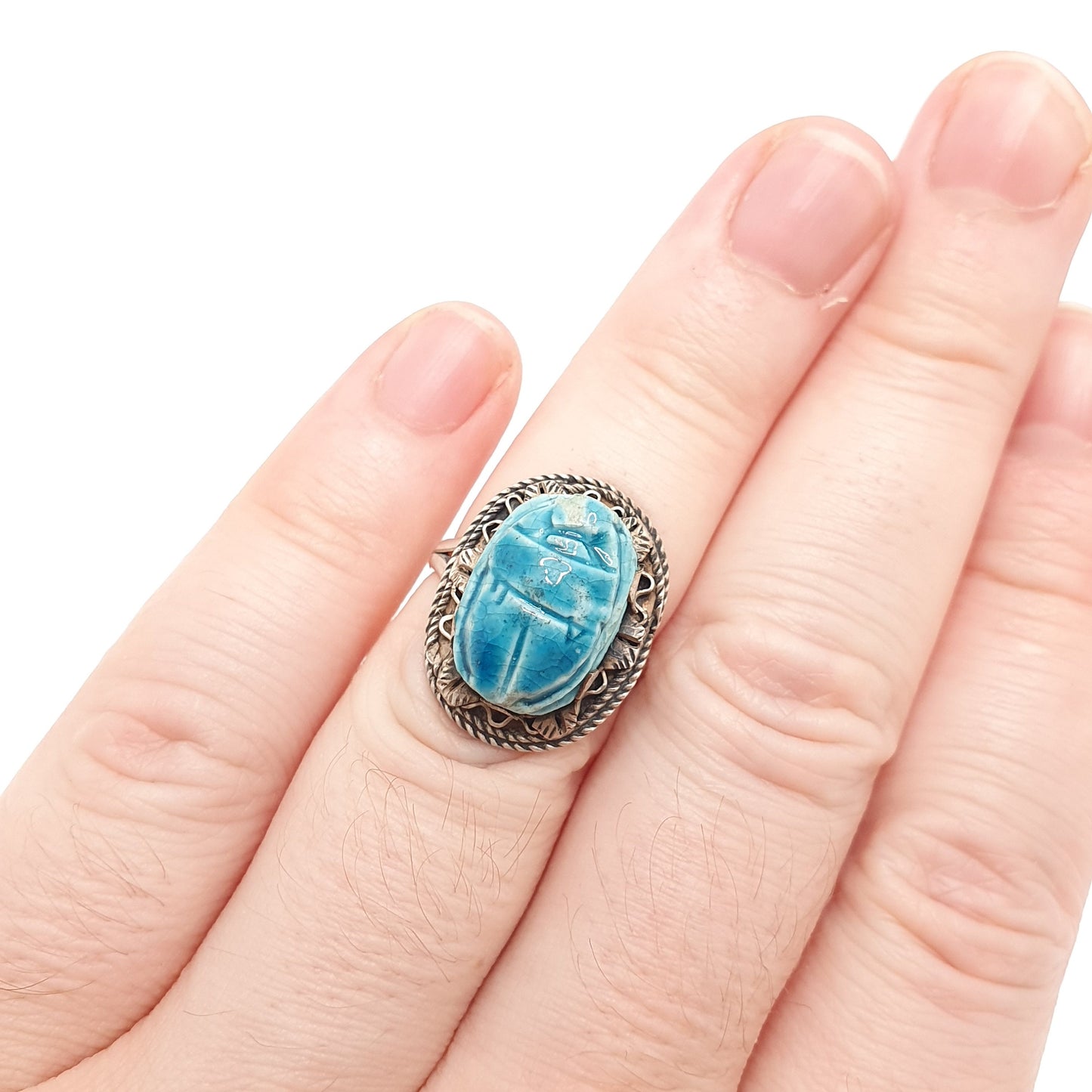 Vintage Solid Silver Scarab Beetle Ring Egyptian Faience Art Deco Revival Large Big Egypt Insect Animal Bug Womens Ladies Jewelry Jewellery
