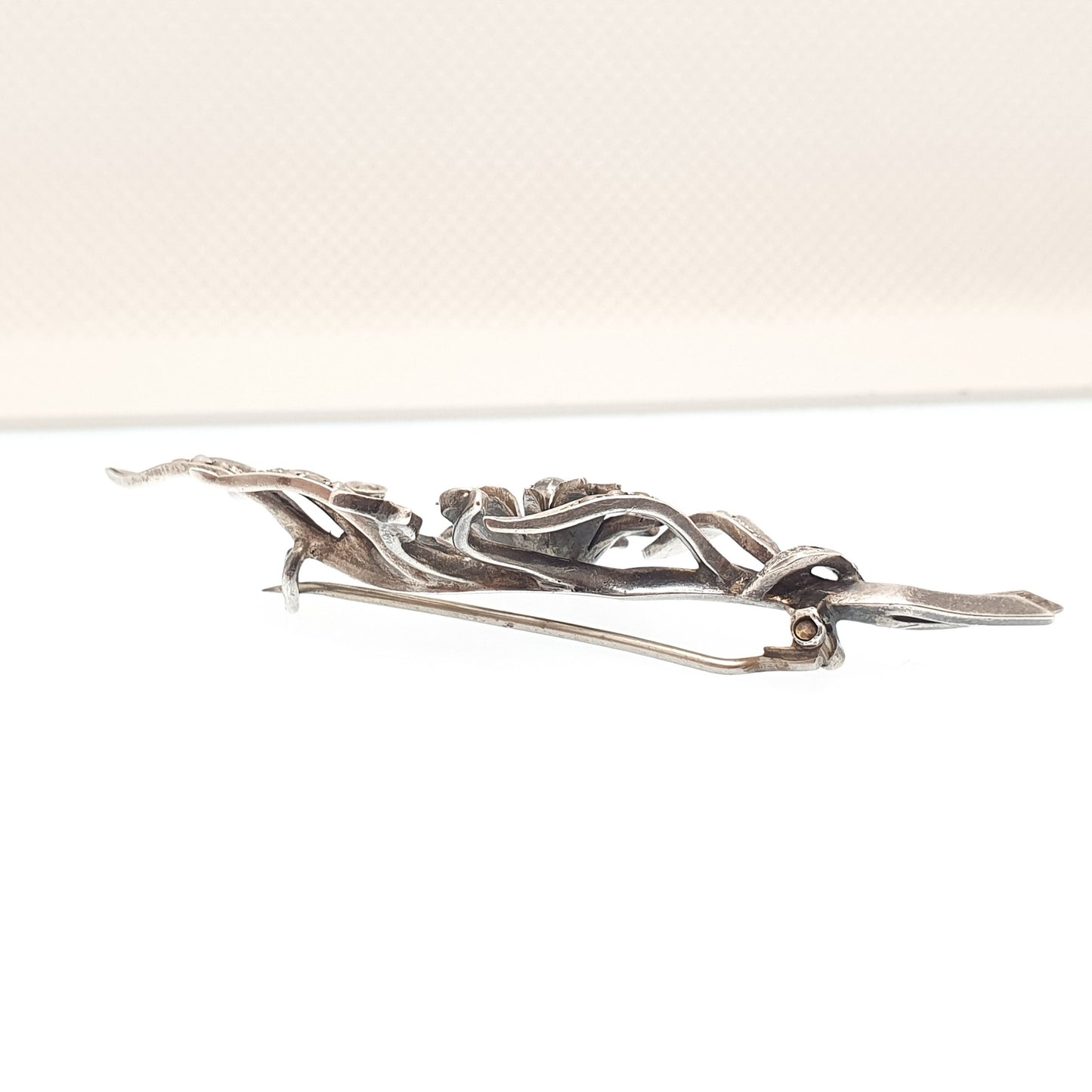 Antique Solid Silver Seed Pearl Brooch Victorian Flower Floral Spray Rectangular Genuine Real Pearls 1800s Vintage Womens Jewelry Jewellery