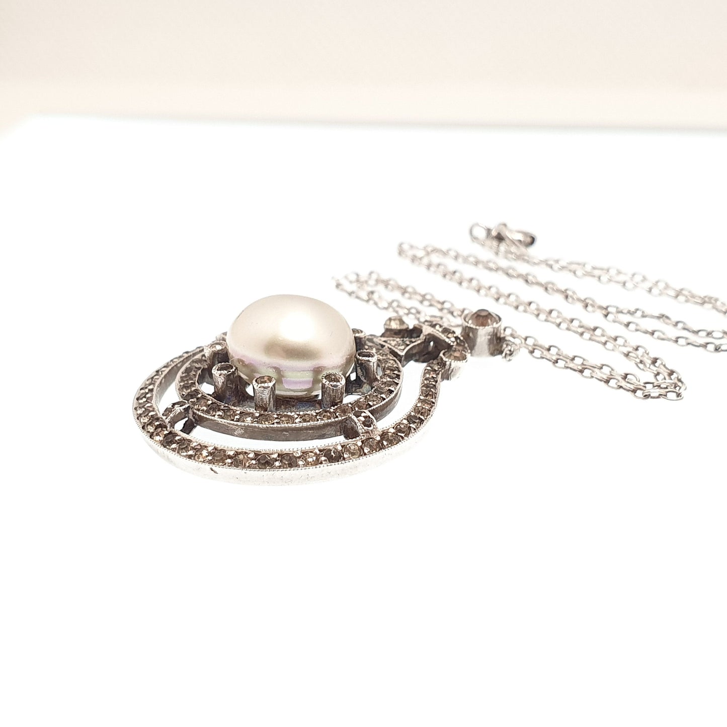 Antique Sterling Silver Pearl & Diamond Paste Pendant Necklace Genuine Cultured Pearl Target Art Deco 1920s Vintage Womens Jewelry Jewellery