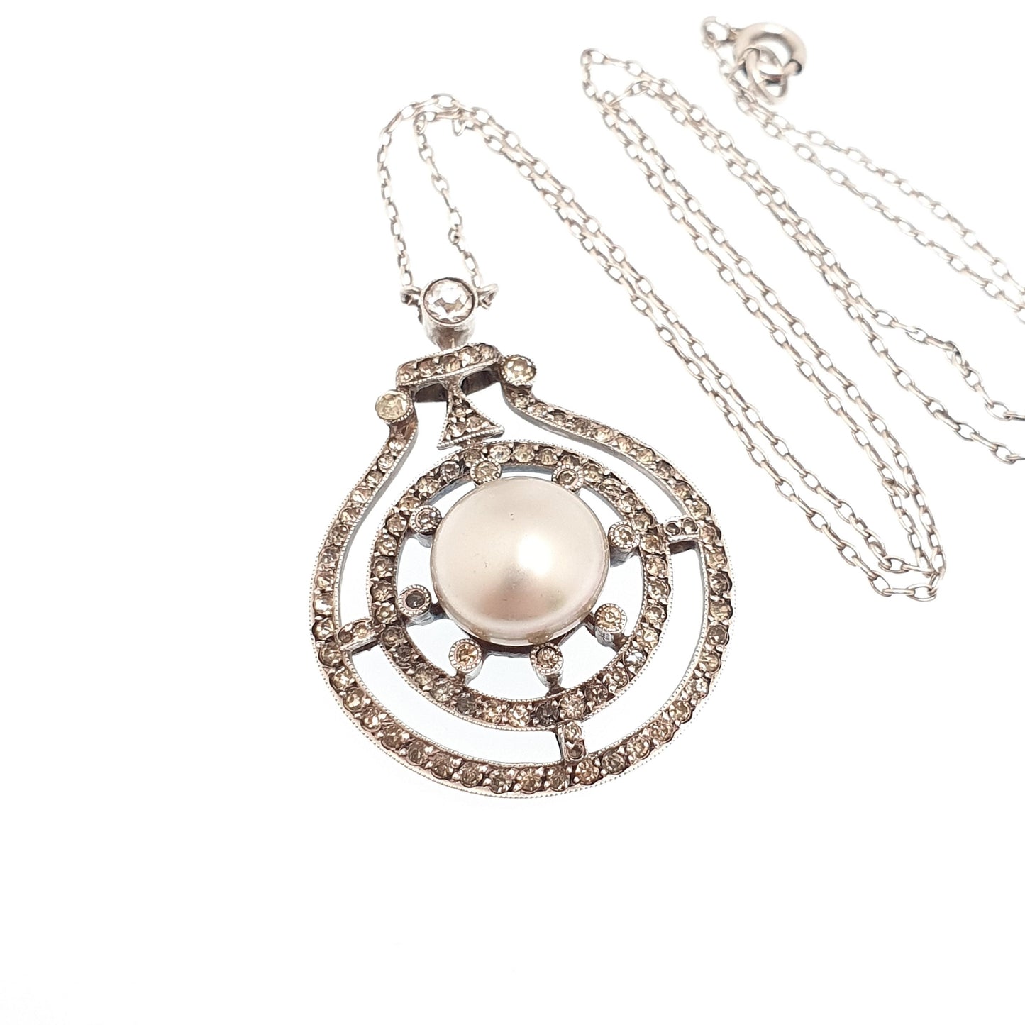 Antique Sterling Silver Pearl & Diamond Paste Pendant Necklace Genuine Cultured Pearl Target Art Deco 1920s Vintage Womens Jewelry Jewellery