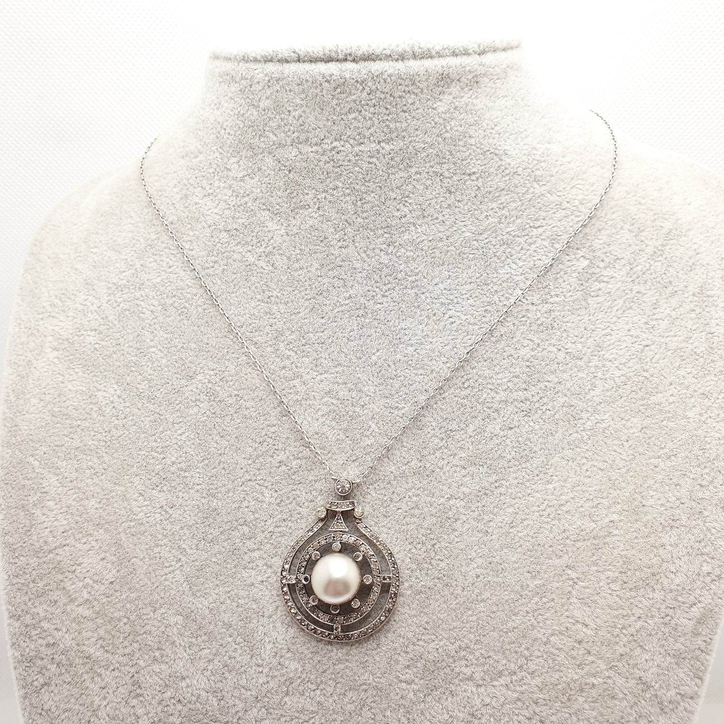Antique Sterling Silver Pearl & Diamond Paste Pendant Necklace Genuine Cultured Pearl Target Art Deco 1920s Vintage Womens Jewelry Jewellery