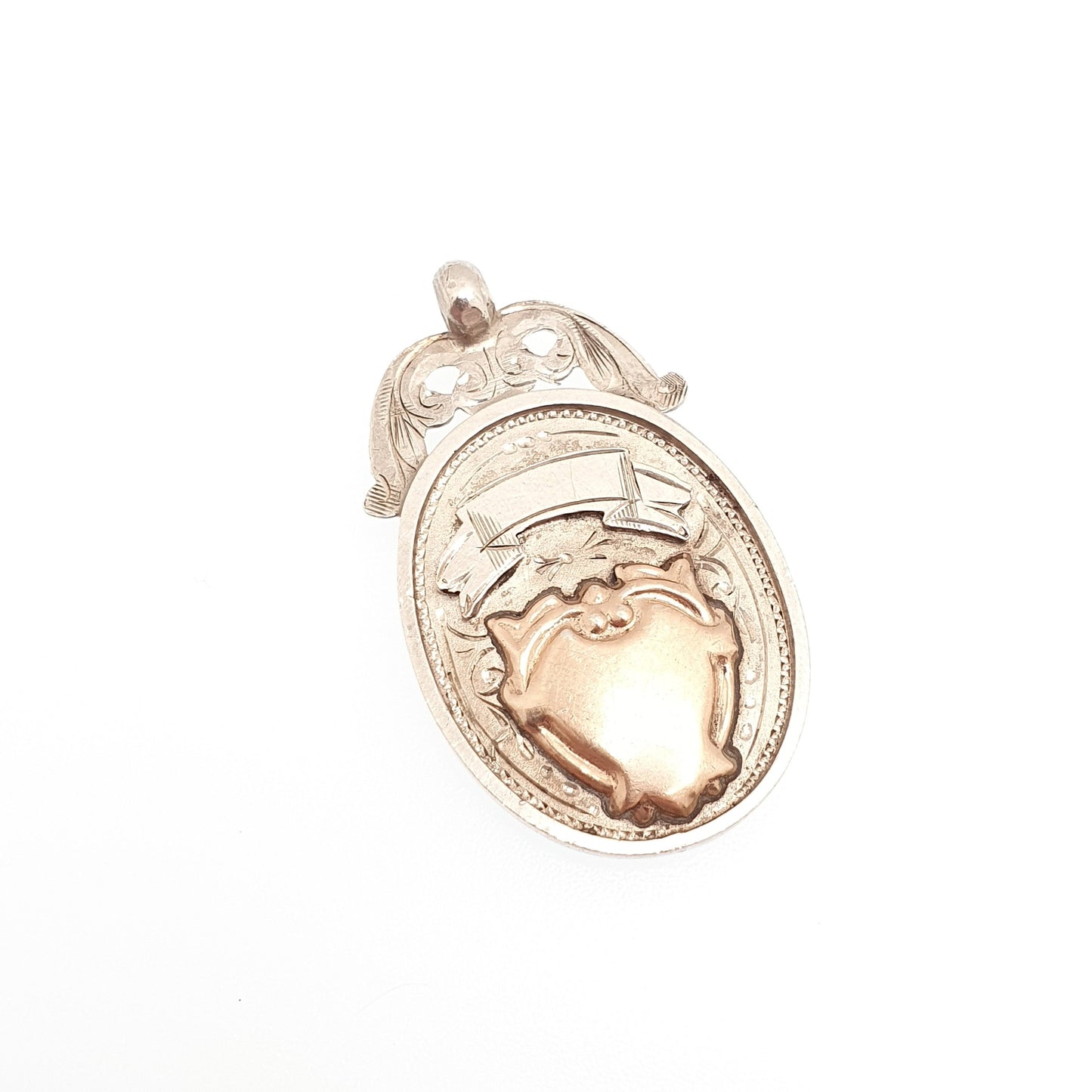 Antique Sterling Silver Albert Shield Fob Pendant Rose Gold Centre Hallmarked Big Heavy Large Pocket Watch Necklace Womens Jewelry Jewellery