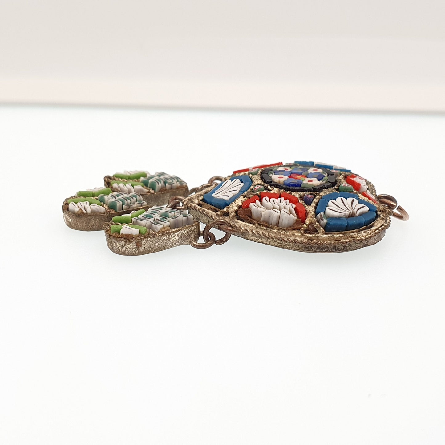 Antique Victorian Micromosaic Heart Necklace Pendant Micro Mosaic Millefiori Dangly Tassel Handmade Italian Vintage Womens Jewelry Jewellery