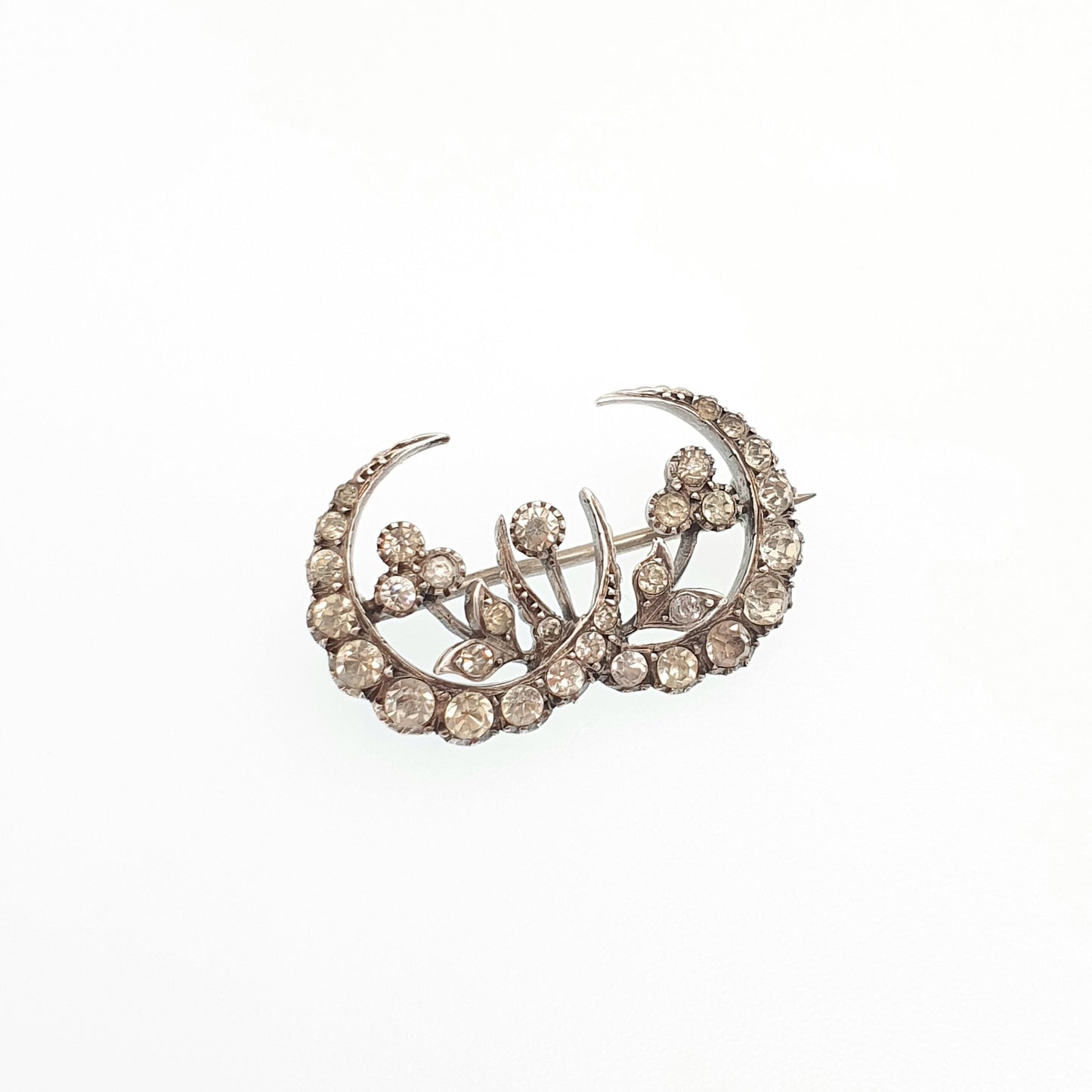 Antique Victorian Crescent Moon Solid Silver Brooch Diamond Paste Parisian Diamond Company Double Moons Vintage 1900s Jewelry Jewellery