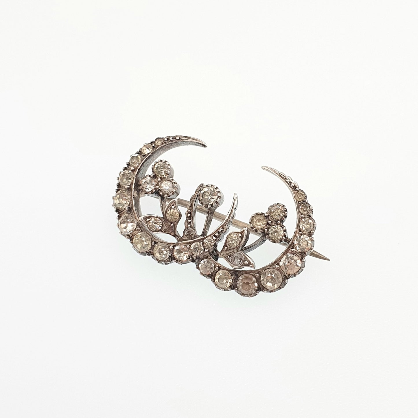 Antique Victorian Crescent Moon Solid Silver Brooch Diamond Paste Parisian Diamond Company Double Moons Vintage 1900s Jewelry Jewellery
