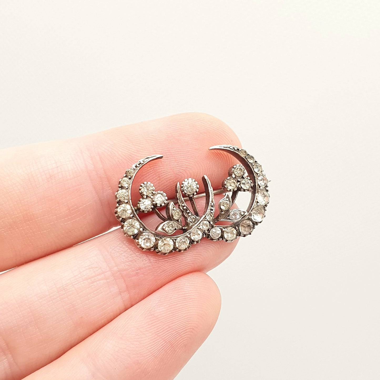 Antique Victorian Crescent Moon Solid Silver Brooch Diamond Paste Parisian Diamond Company Double Moons Vintage 1900s Jewelry Jewellery