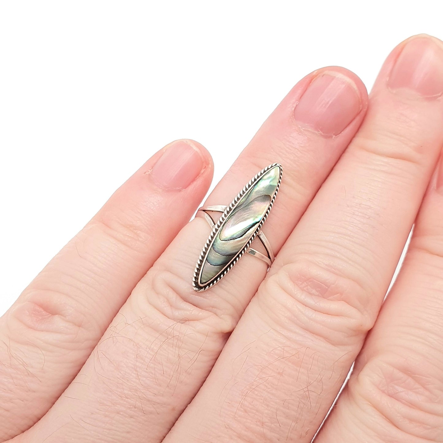 Vintage Sterling Silver Abalone Ring Green Shell Mexican Large Rainbow Mother of Pearl Solid 925 Ellipse Womens Ladies Jewelry Jewellery