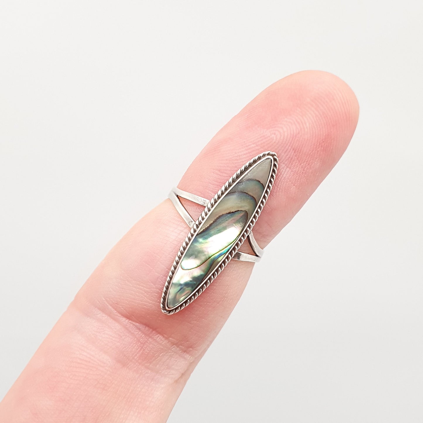 Vintage Sterling Silver Abalone Ring Green Shell Mexican Large Rainbow Mother of Pearl Solid 925 Ellipse Womens Ladies Jewelry Jewellery