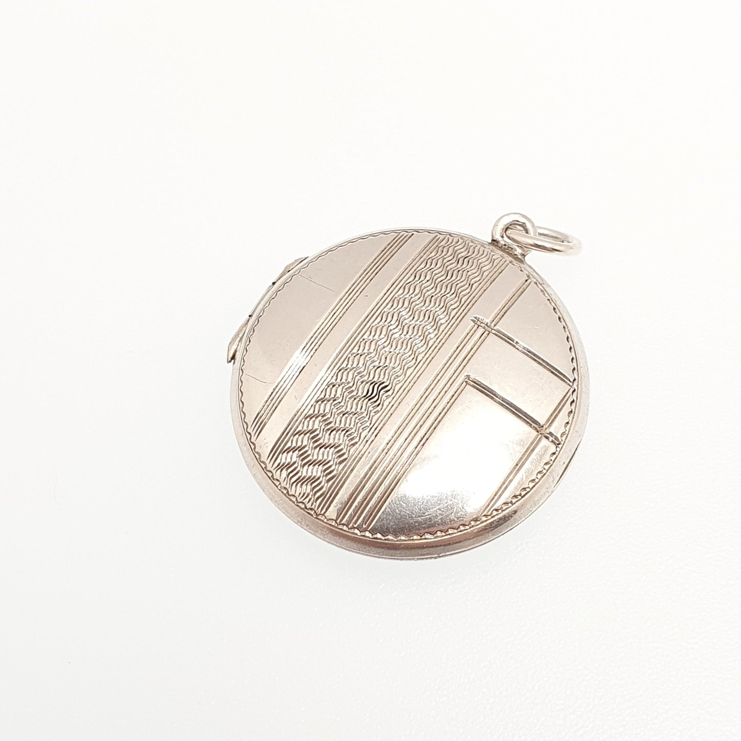 Antique Solid Silver Locket Art Deco Geometric Pattern Round Circle Necklace Pendant Rare Fine 1920s Picture Photo Jewelry Vintage Jewellery