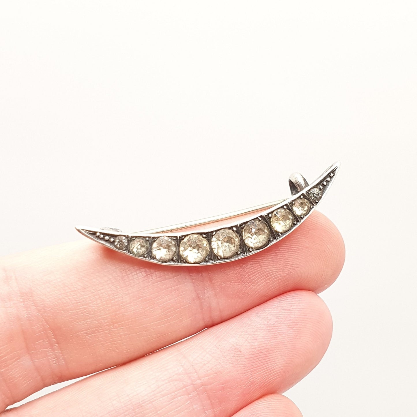 Antique Crescent Moon Sterling Silver Brooch Diamond Paste 1909 Hallmarked Fine Estate Vintage Edwardian Solid Womens Jewelry Jewellery