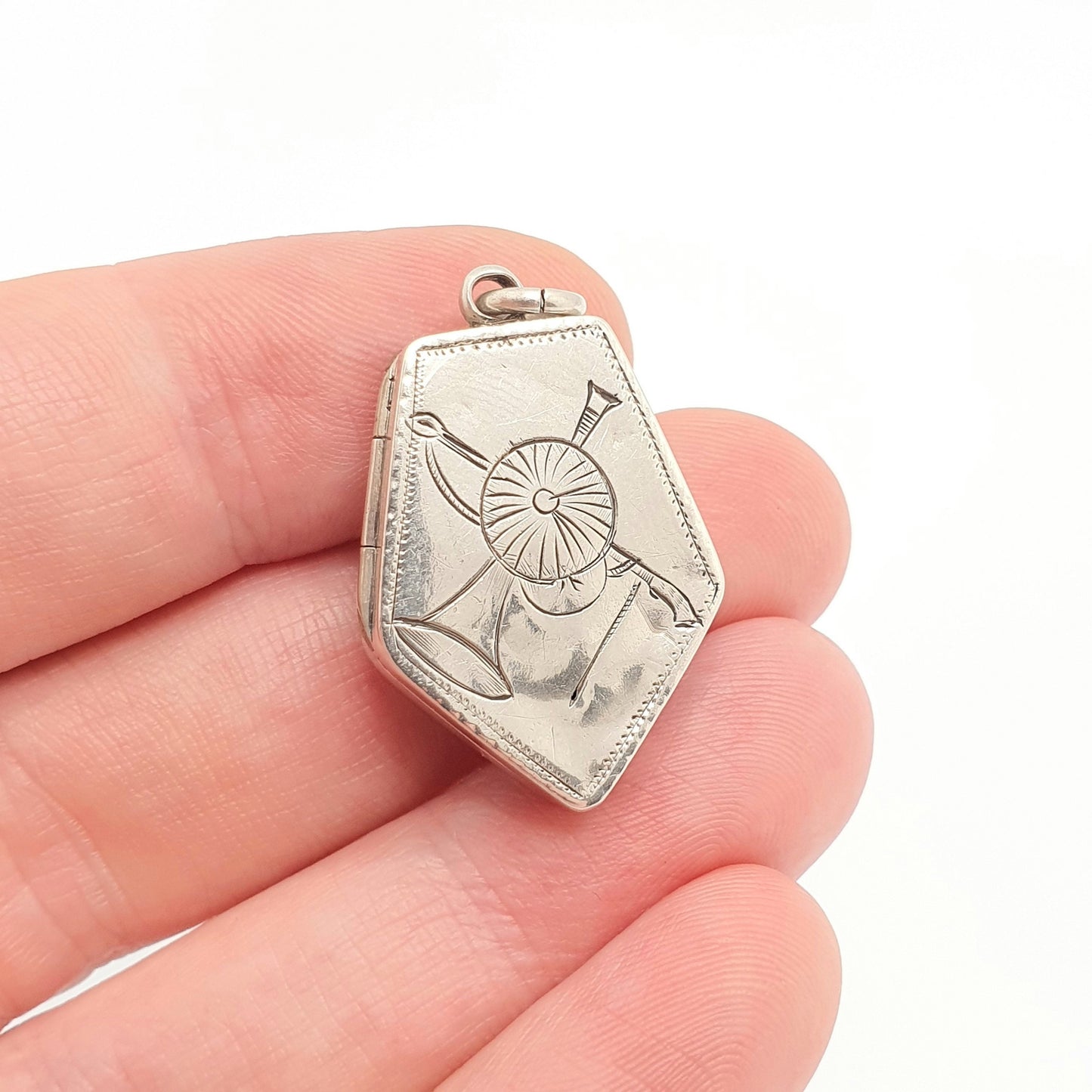 Antique Sterling Silver Horse Riding Locket Necklace Pendant Horn Cap Crop Cane Pendant 1892 Hallmarked Vintage Victorian Jewelry Jewellery
