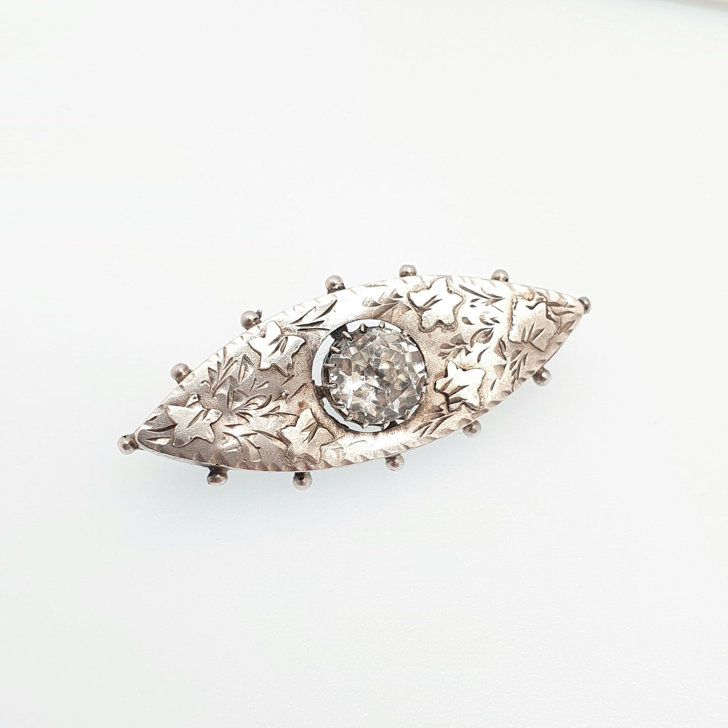 Antique Victorian Sterling Silver Paste Sweetheart Brooch Eye Ellipse 1880 Hallmark Chester Large Old Cut Diamond Paste Vintage Jewelry