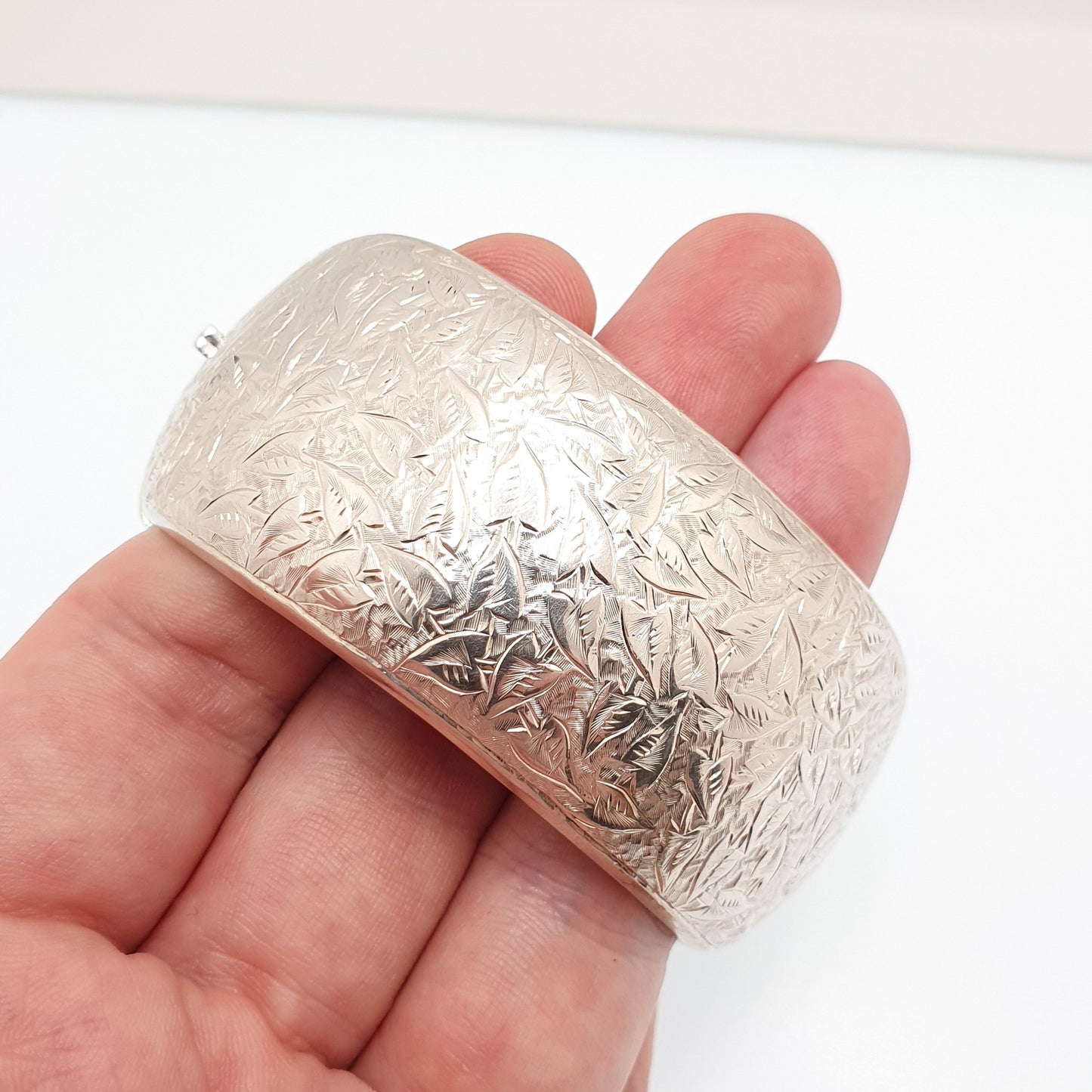 Antique Victorian Sterling Silver Snap Bracelet Bangle Large Heavy Chunky Floral Pattern 39.98g Solid 925 Vintage Womens Jewelry Jewellery
