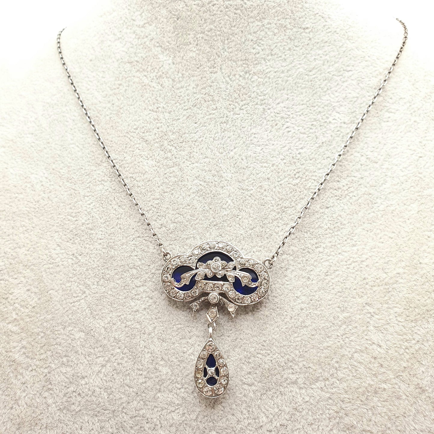 Antique Victorian Solid Silver Bristol Blue Glass Necklace Diamond Paste Pastes Glass Georgian Revival Genuine Vintage Jewelry Jewellery