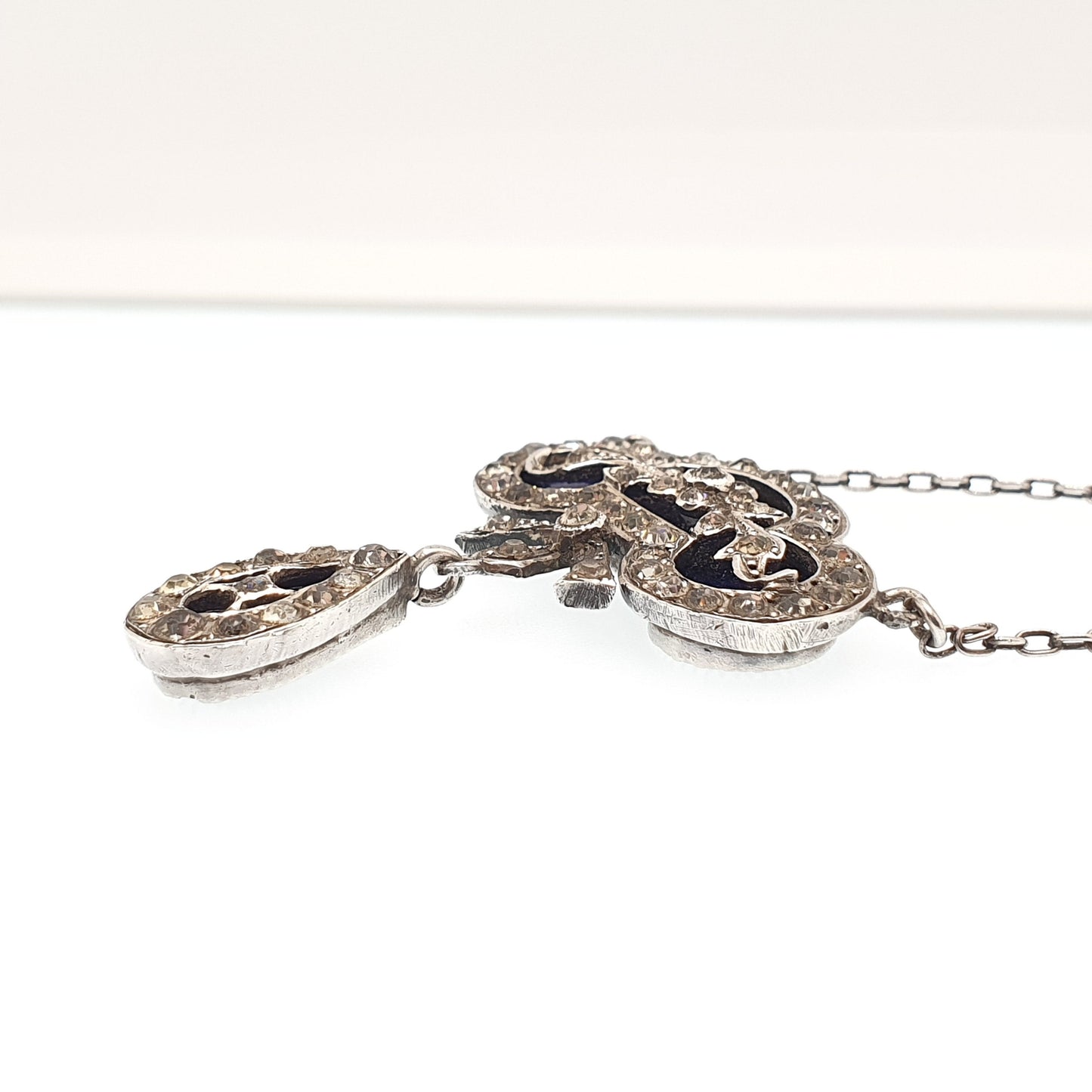 Antique Victorian Solid Silver Bristol Blue Glass Necklace Diamond Paste Pastes Glass Georgian Revival Genuine Vintage Jewelry Jewellery