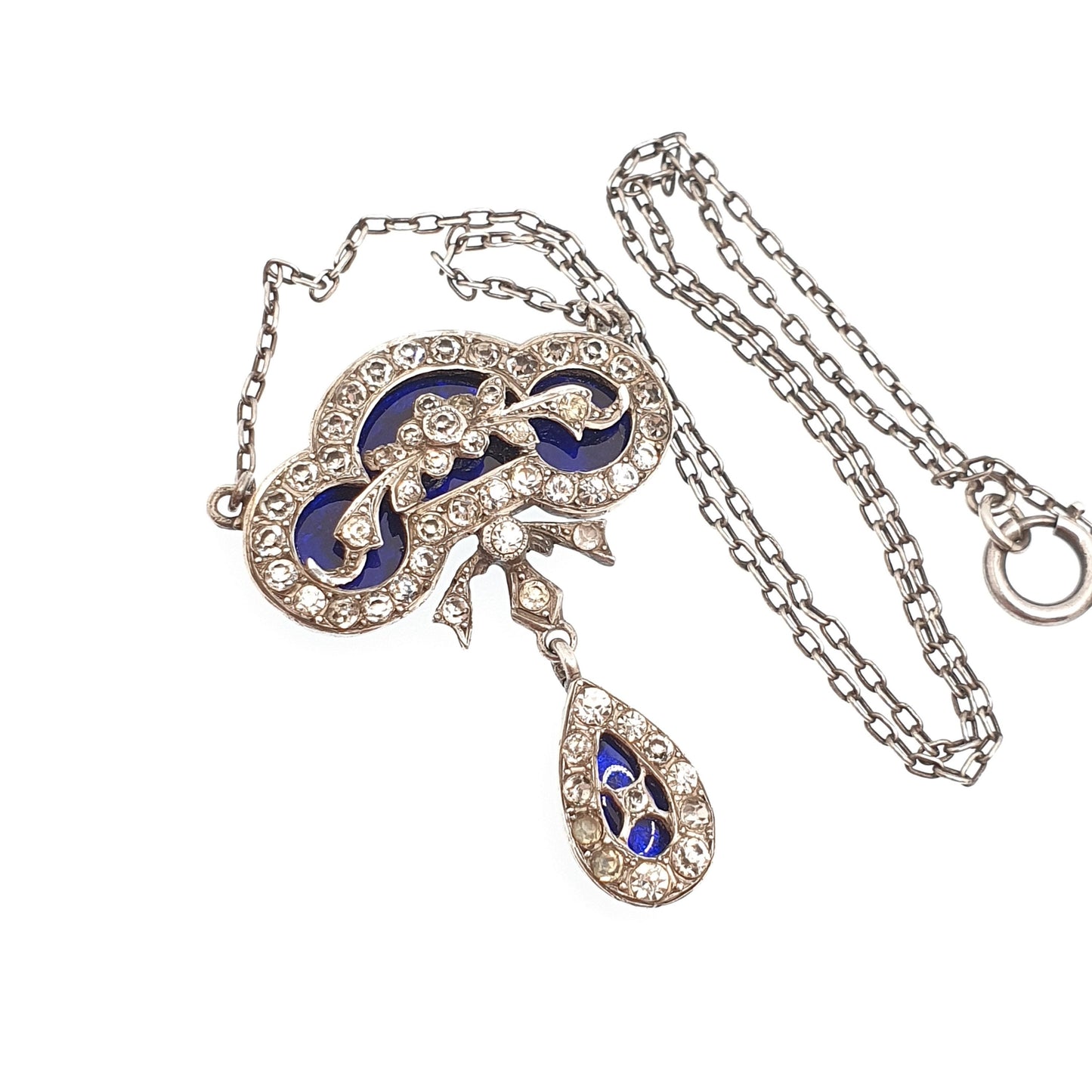 Antique Victorian Solid Silver Bristol Blue Glass Necklace Diamond Paste Pastes Glass Georgian Revival Genuine Vintage Jewelry Jewellery