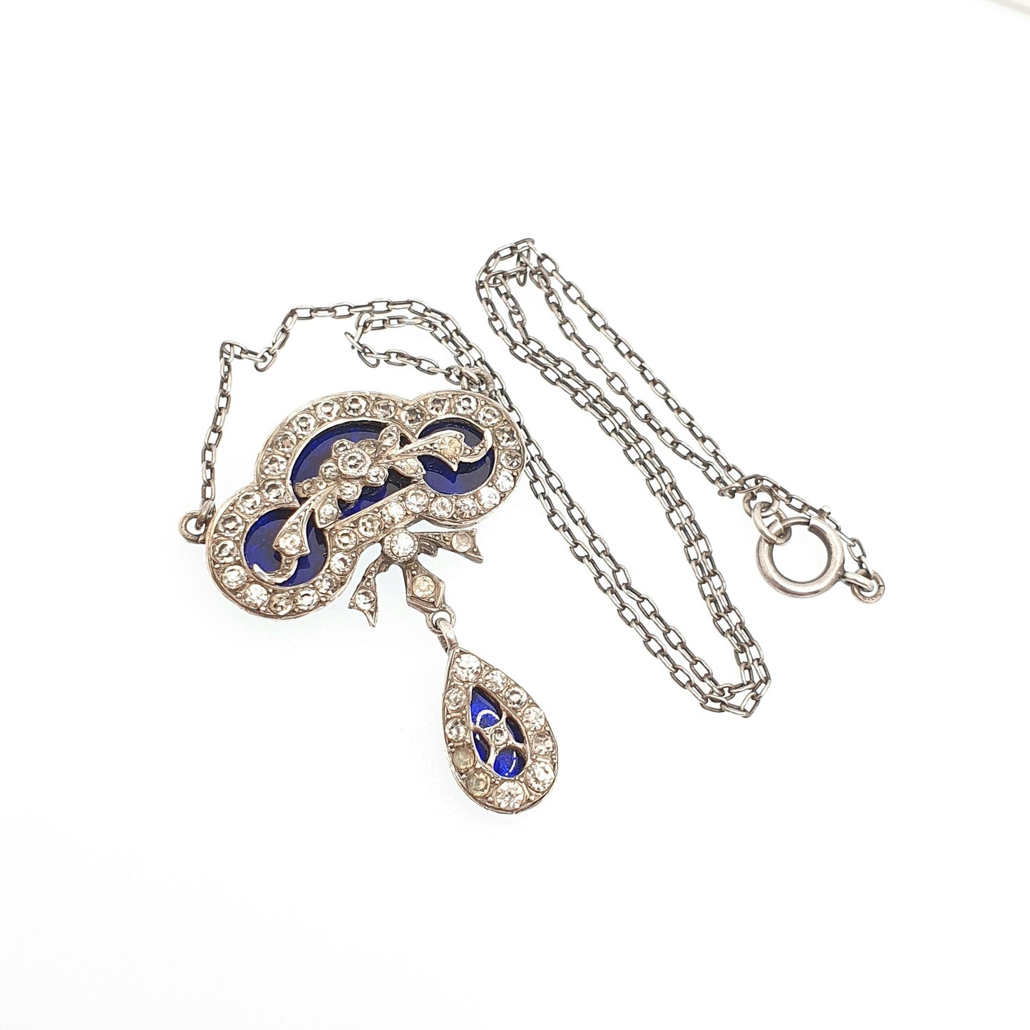 Antique Victorian Solid Silver Bristol Blue Glass Necklace Diamond Paste Pastes Glass Georgian Revival Genuine Vintage Jewelry Jewellery