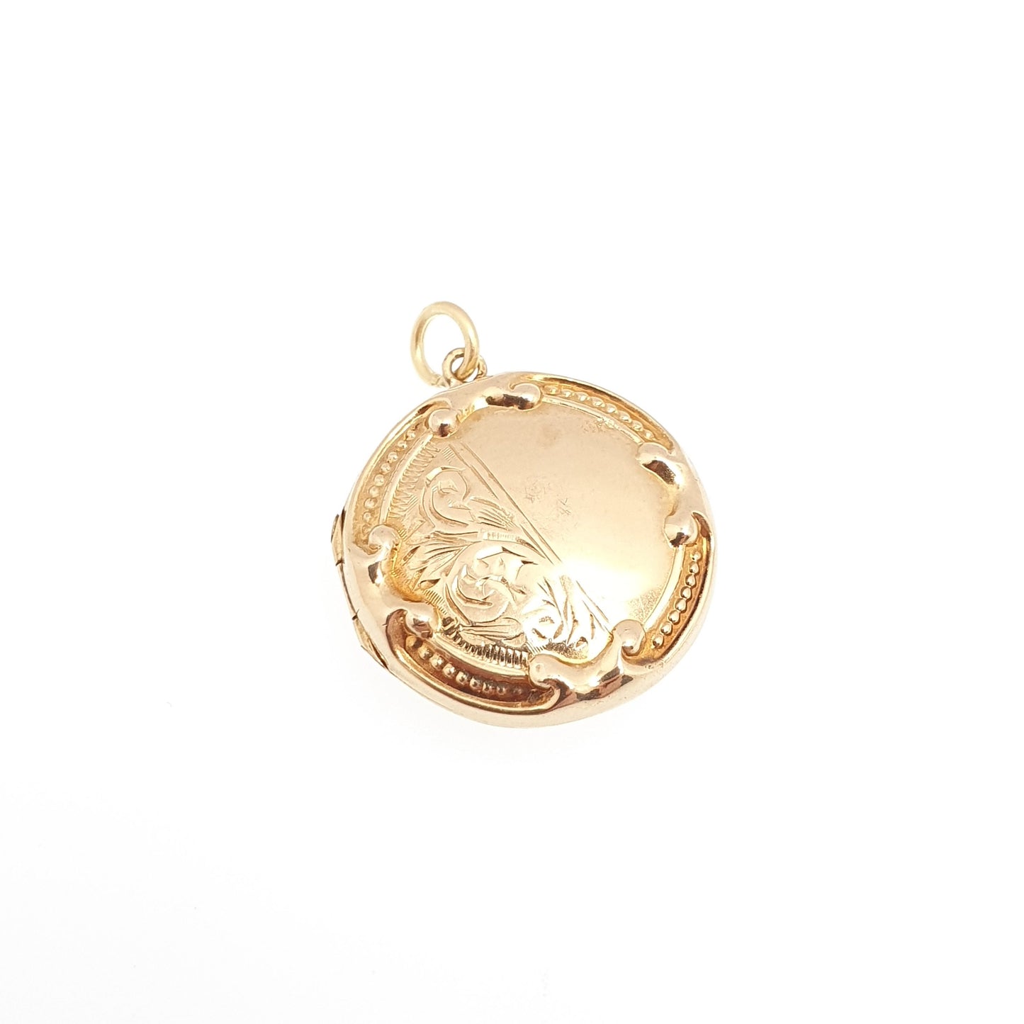 Antique 9ct 9k Gold Locket Pendant Hand Scroll Engraved Chased Border Yellow Solid 375 Back & Front Picture Photo Vintage Necklace Jewelry
