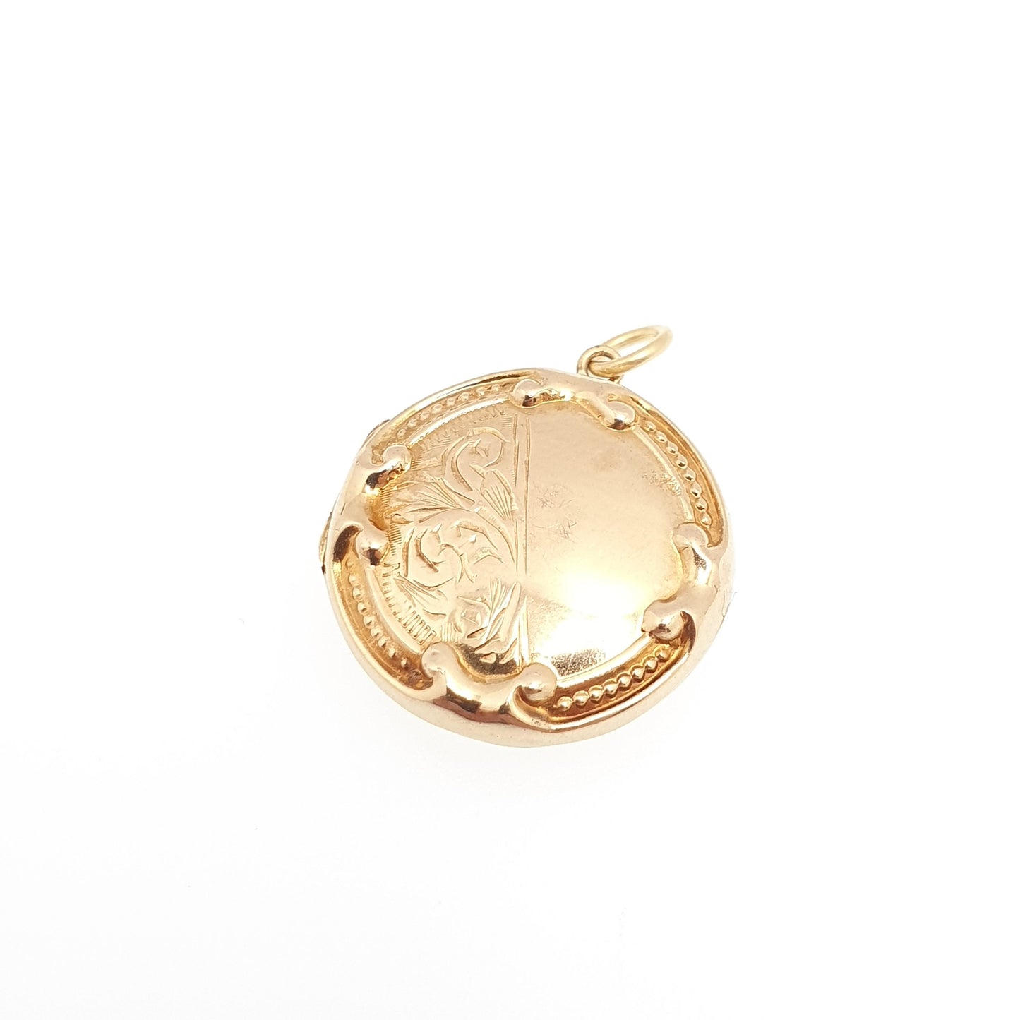 Antique 9ct 9k Gold Locket Pendant Hand Scroll Engraved Chased Border Yellow Solid 375 Back & Front Picture Photo Vintage Necklace Jewelry